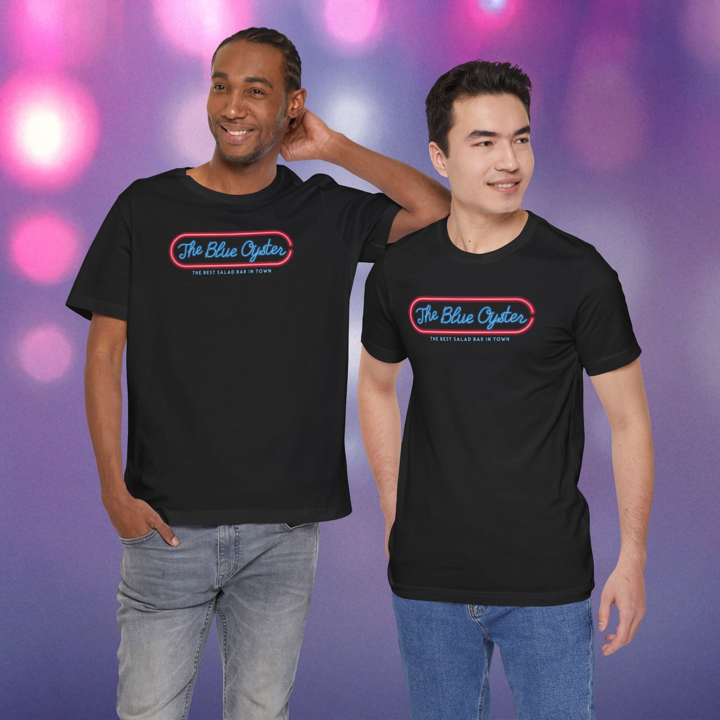 Two men wearing graphic t-shirts with The Blue Oyster Bar neon sign inspired by Police Academy, soft Bella+Canvas cotton 80s movie tee