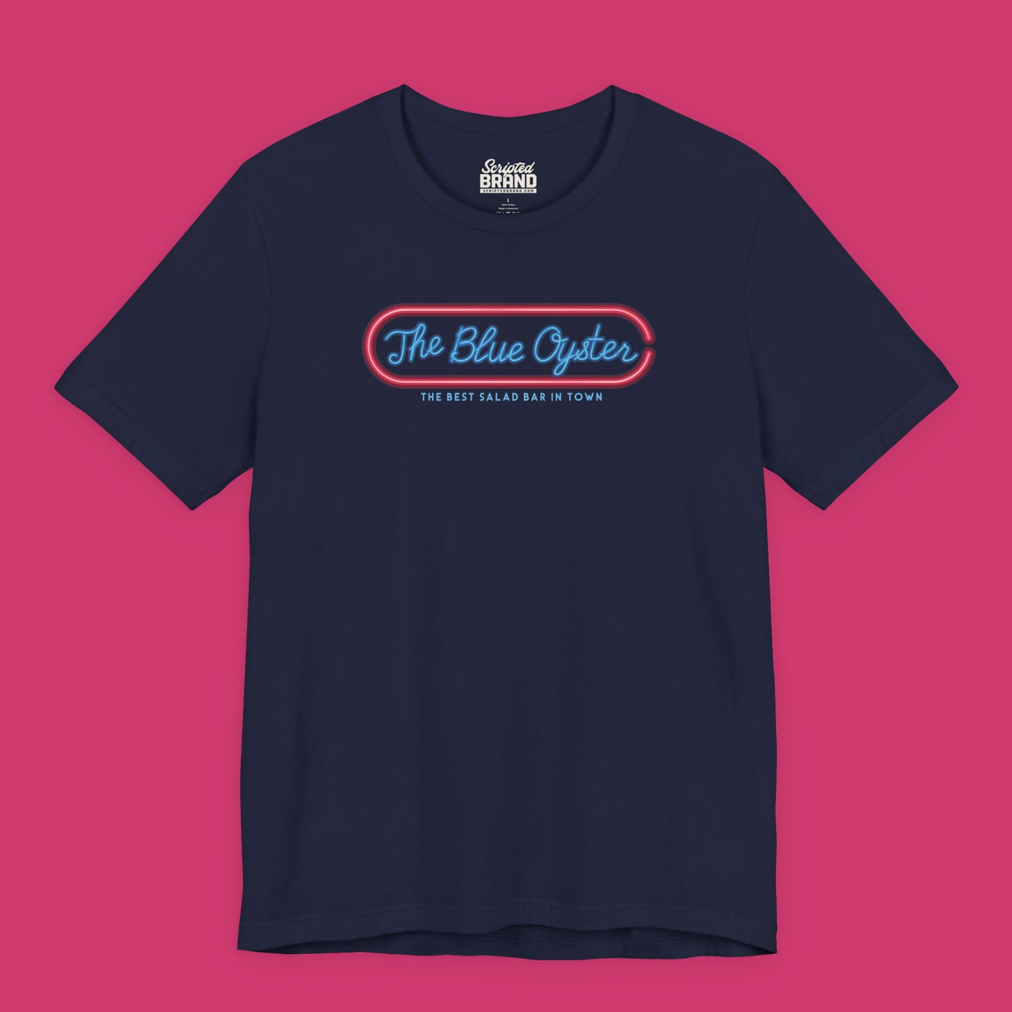 Navy blue colored graphic t-shirt with The Blue Oyster Bar neon sign inspired by Police Academy, soft Bella+Canvas cotton 80s movie tee