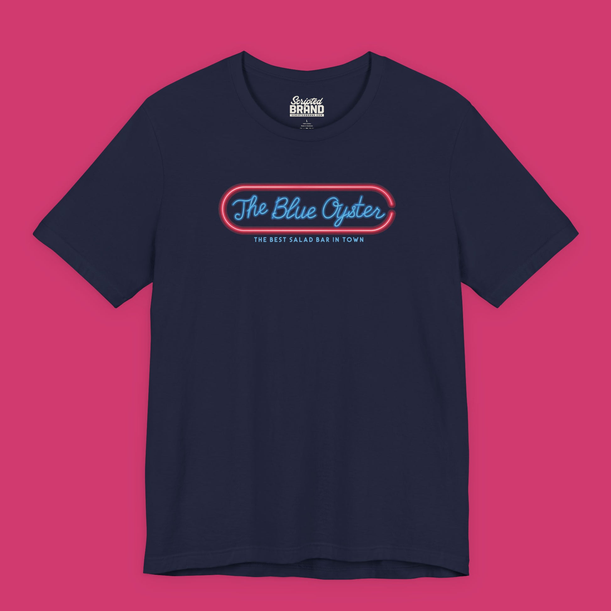 Navy blue colored graphic t-shirt with The Blue Oyster Bar neon sign inspired by Police Academy, soft Bella+Canvas cotton 80s movie tee
