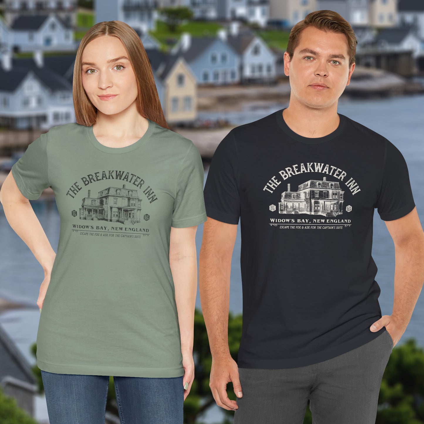 2 people wearing 'The Breakwater Inn' vintage illustrated t-shirts inspired by Widow's Bay Apple TV series, soft Bella+Canvas cotton fan tee