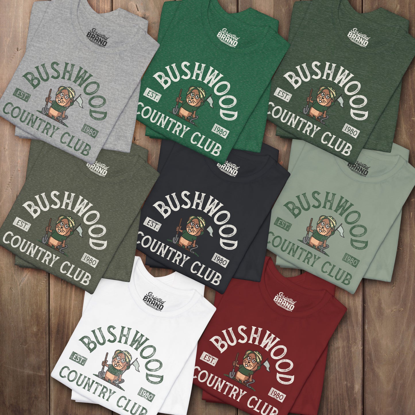 Eight folded Bella+Canvas tees with a vintage distressed Bushwood Country Club golf gopher logo from Caddyshack