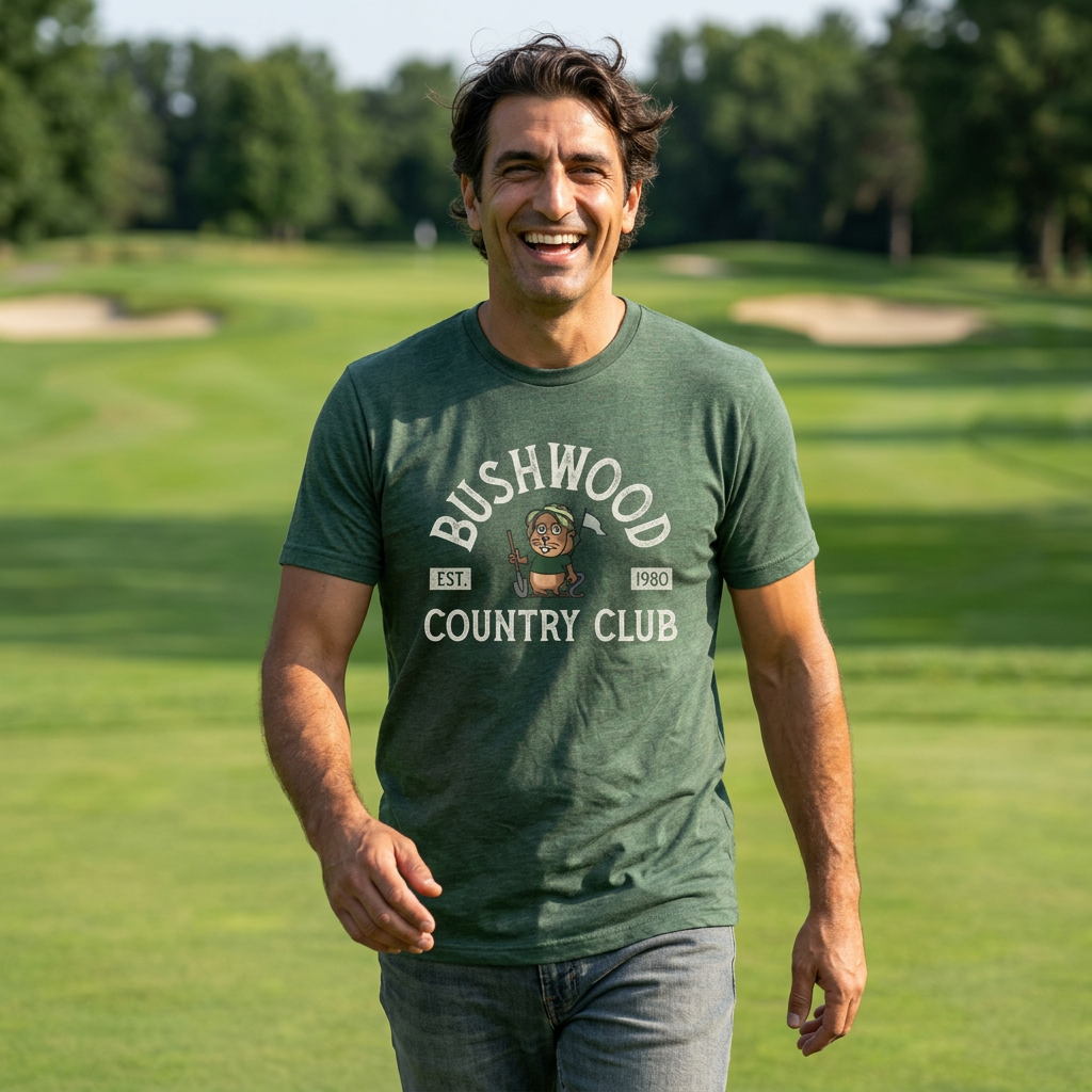 Man wearing Green Bella+Canvas tee with a vintage distressed Bushwood Country Club golf gopher logo from Caddyshack