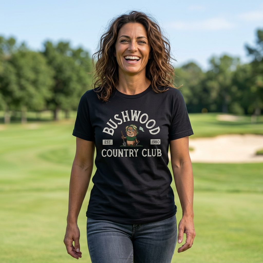 Woman wearing black Bella+Canvas tee with a vintage distressed Bushwood Country Club golf gopher logo from Caddyshack