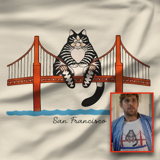 Closeup of natural cream tee with illustrated tabby cat sitting on the Golden Gate Bridge, San Francisco, Project Hail Mary