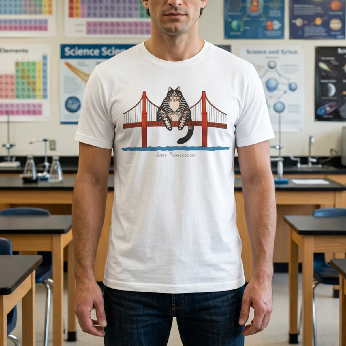 Person wearing white tee with illustrated tabby cat sitting on the Golden Gate Bridge, San Francisco, Project Hail Mary