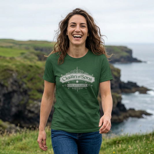 Woman wearing Green tee with vintage distressed Claffin and Sons Life Insurance, Bad Sisters TV show graphic