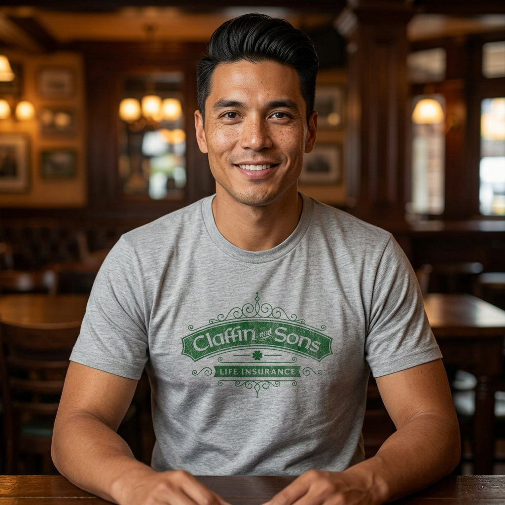 Man in pub wearing Green tee with vintage distressed Claffin and Sons Life Insurance, Bad Sisters TV show graphic
