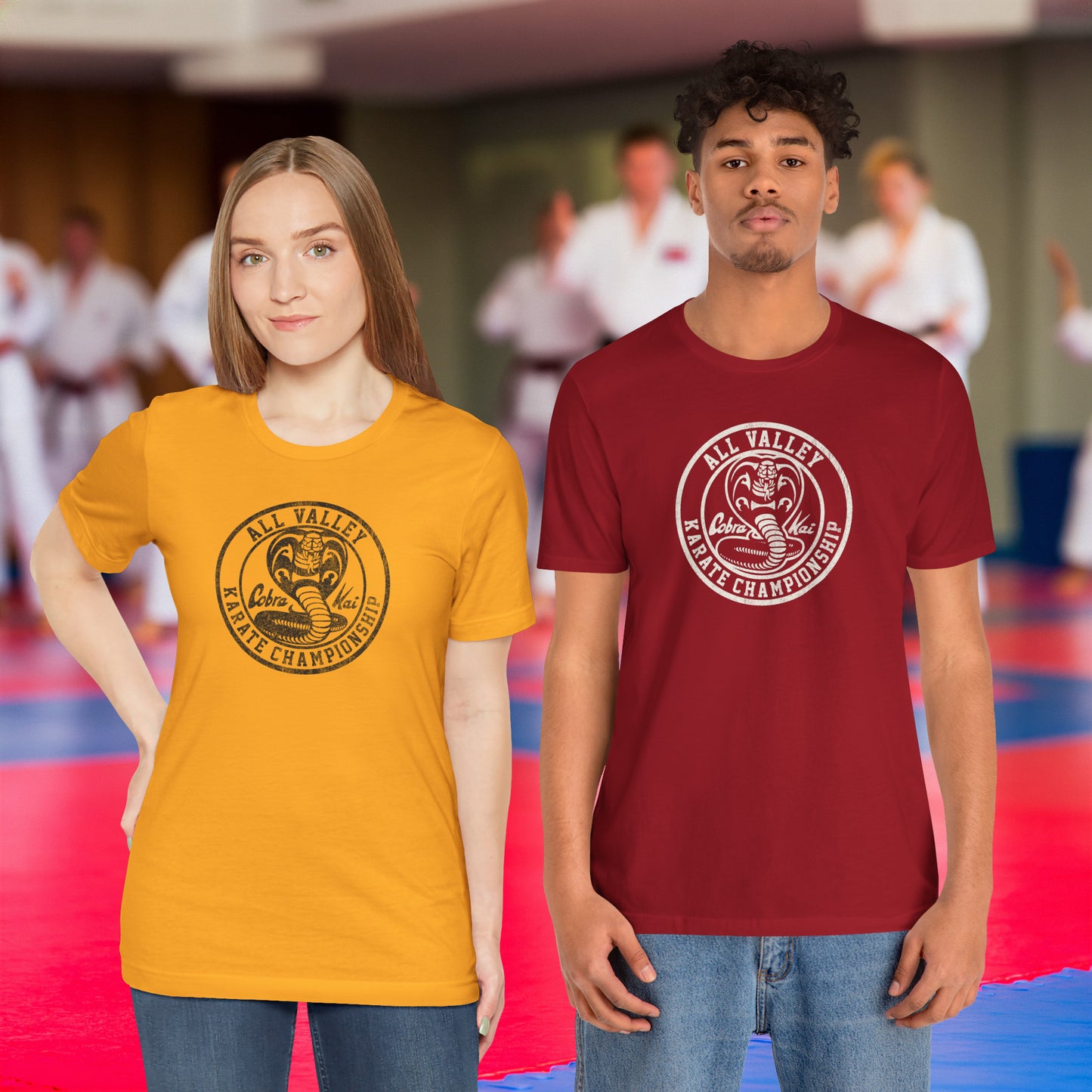 Two people wearing Cobra Kai All Valley Karate Championship vintage distressed graphic t-shirts, soft Bella+Canvas cotton Karate Kid tees