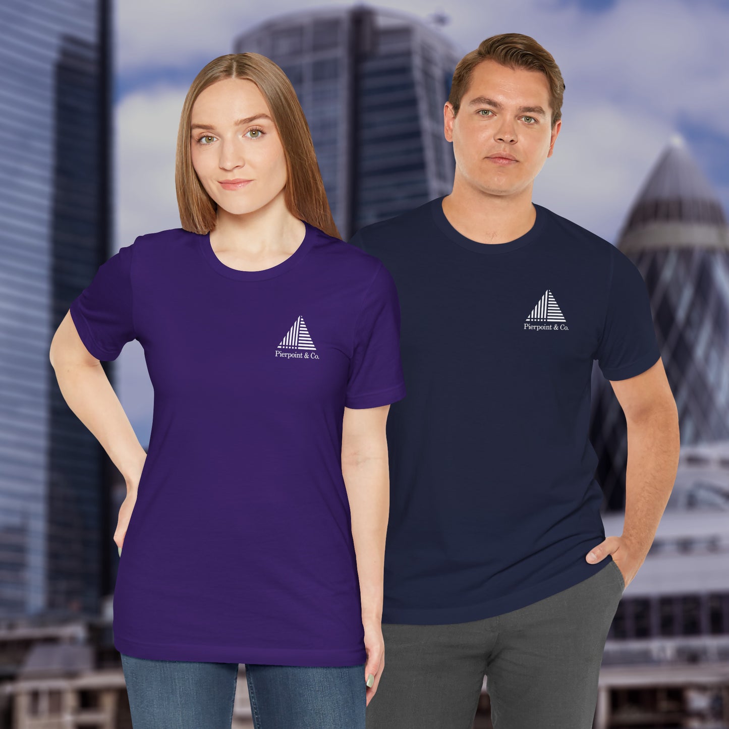 Two people wearing Pierpoint & Co. corner logo t-shirt inspired by HBO Industry TV series, soft Bella+Canvas cotton investment bank fan tee