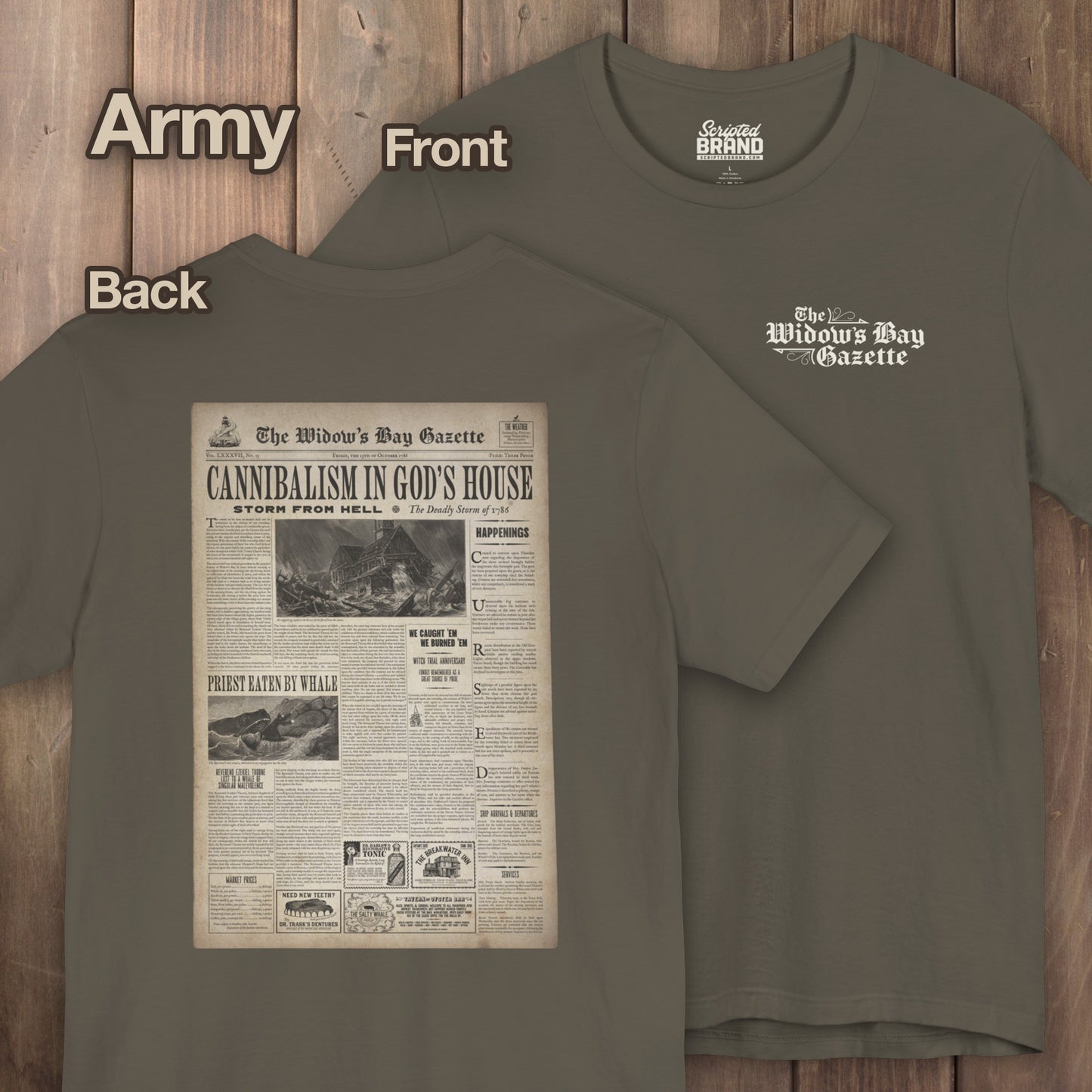 Army green Widow's Bay Gazette vintage newspaper t-shirt inspired by Apple TV series, front pocket logo and full back print design