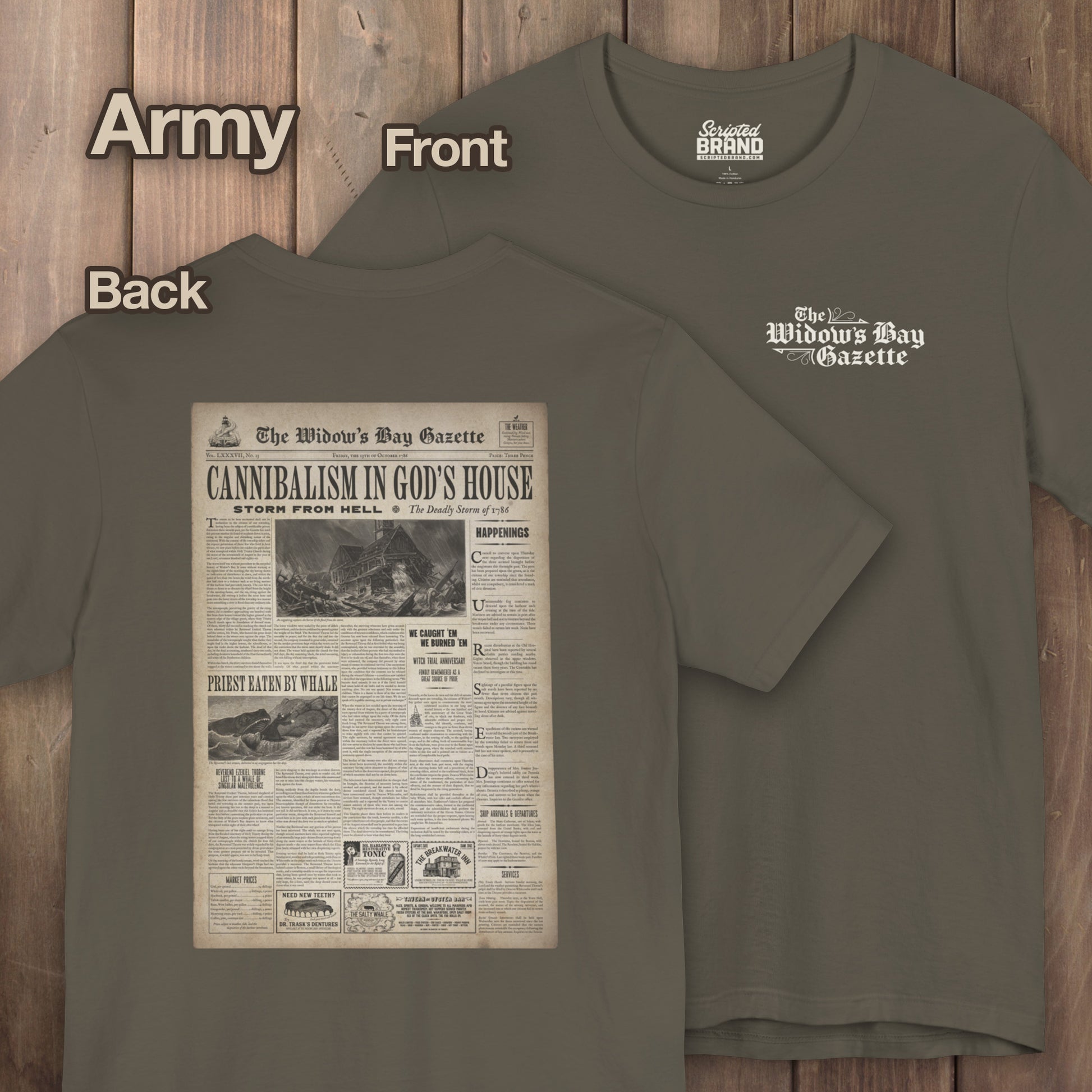 Army green Widow's Bay Gazette vintage newspaper t-shirt inspired by Apple TV series, front pocket logo and full back print design