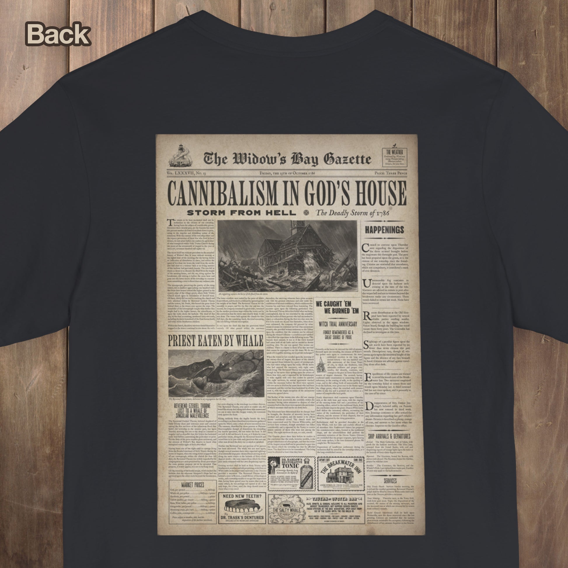 Back view of Widow's Bay Gazette vintage newspaper t-shirt inspired by Apple TV series, front pocket logo and full back print design