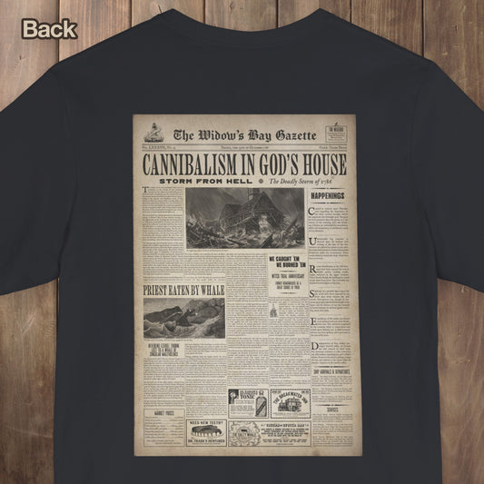 Back view of Widow's Bay Gazette vintage newspaper t-shirt inspired by Apple TV series, front pocket logo and full back print design