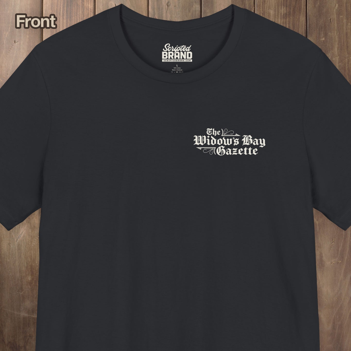 Front view of Widow's Bay Gazette vintage newspaper t-shirt inspired by Apple TV series, front pocket logo and full back print design