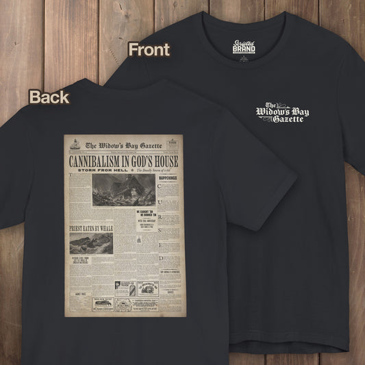 Front and back views of Widow's Bay Gazette vintage newspaper t-shirt inspired by Apple TV series, front pocket logo and full back print design