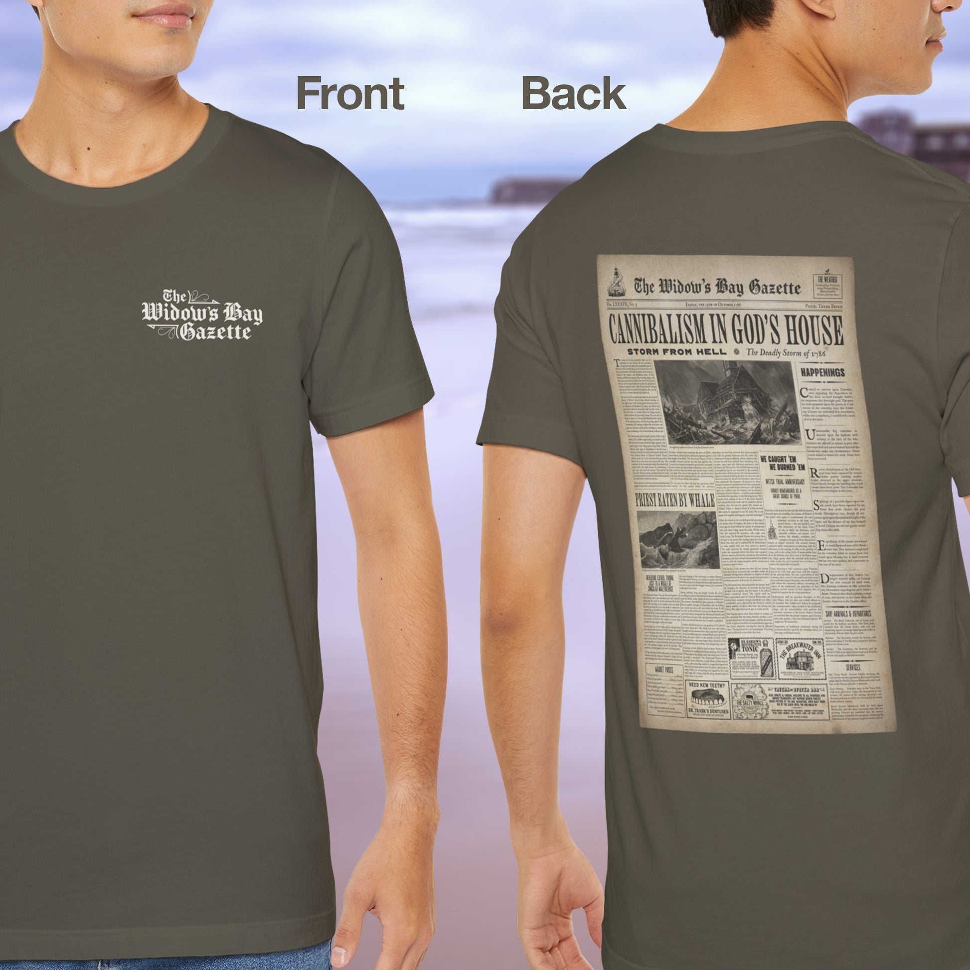Man wearing Widow's Bay Gazette vintage newspaper t-shirt inspired by Apple TV series, front pocket logo and full back print design