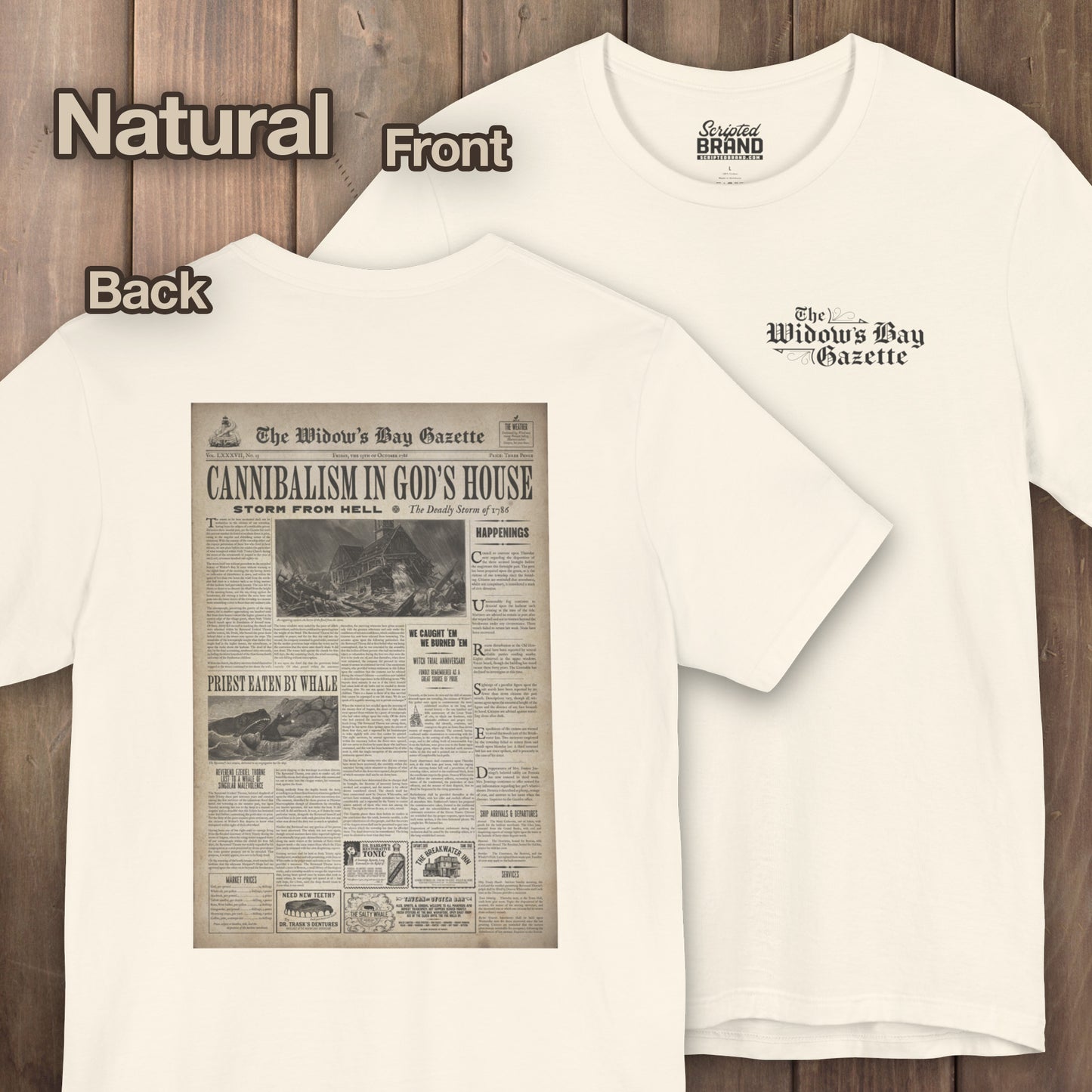 Natural Widow's Bay Gazette vintage newspaper t-shirt inspired by Apple TV series, front pocket logo and full back print design