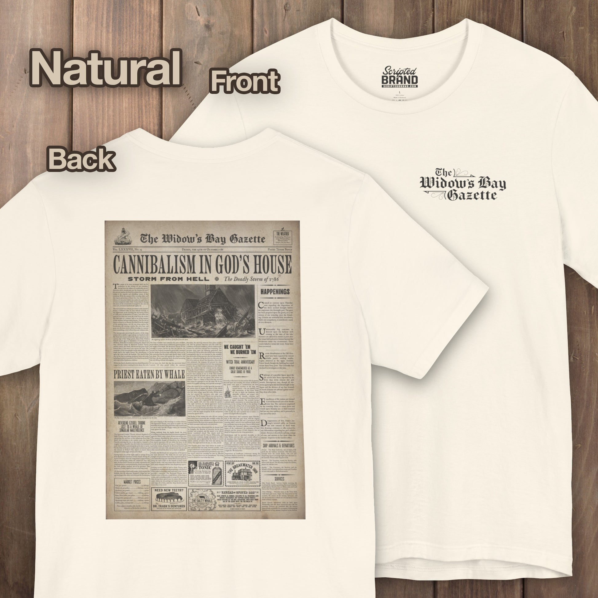 Natural Widow's Bay Gazette vintage newspaper t-shirt inspired by Apple TV series, front pocket logo and full back print design