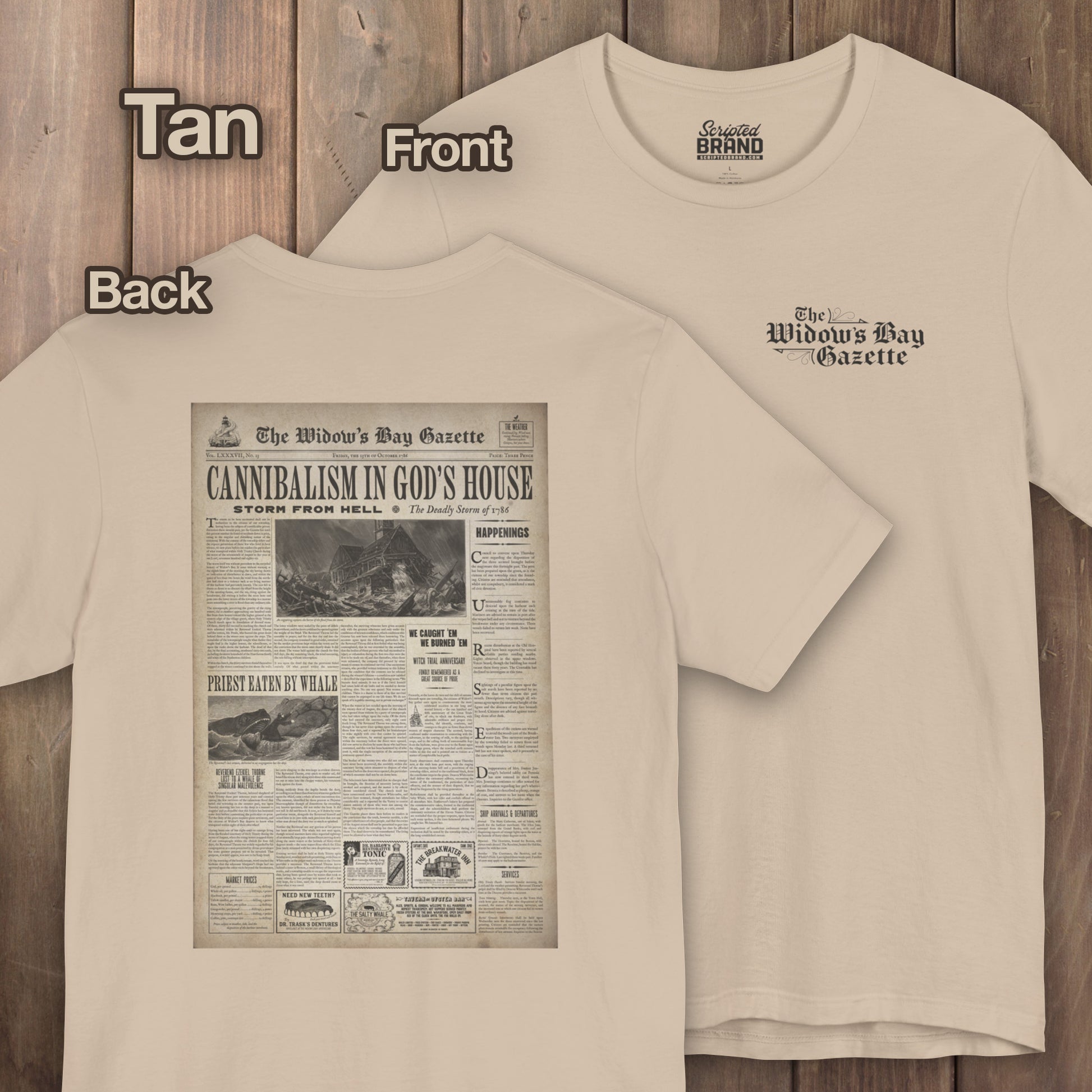 Tan Widow's Bay Gazette vintage newspaper t-shirt inspired by Apple TV series, front pocket logo and full back print design
