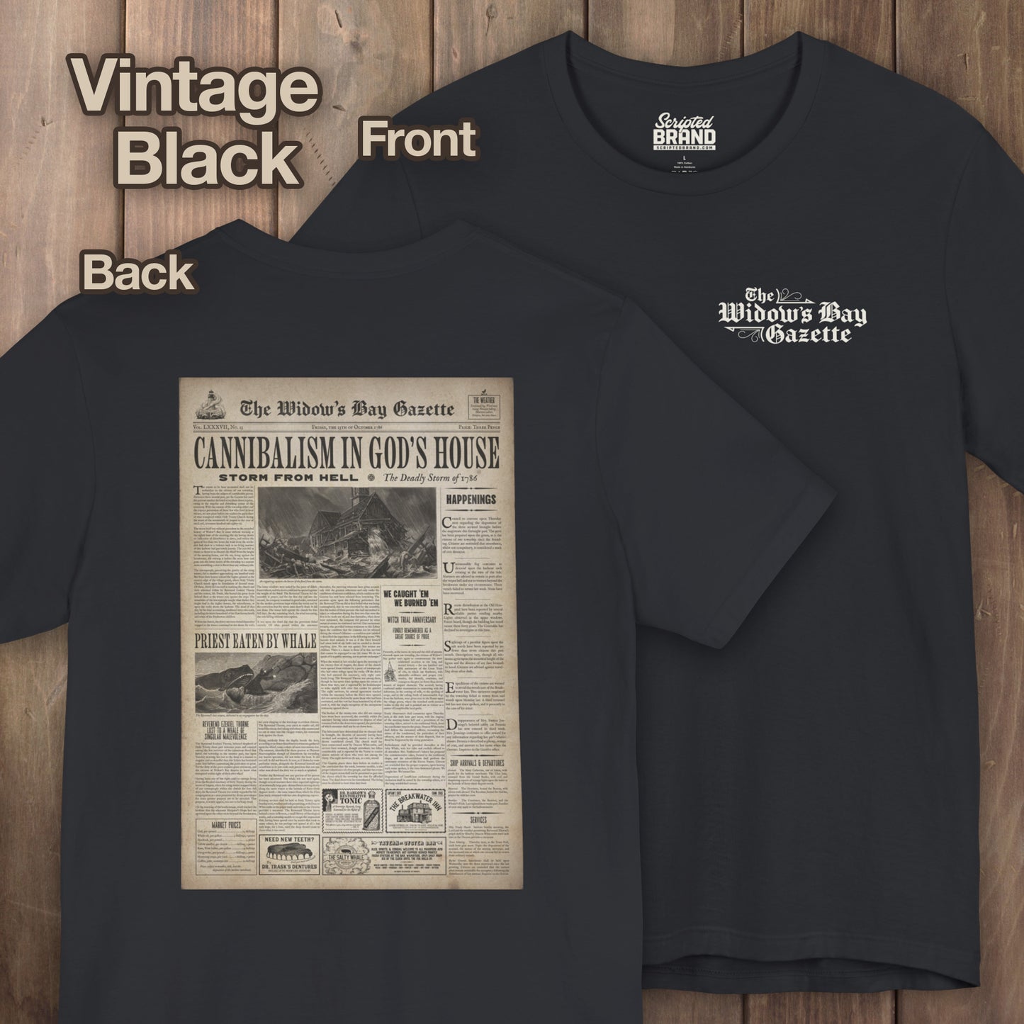 Black Widow's Bay Gazette vintage newspaper t-shirt inspired by Apple TV series, front pocket logo and full back print design