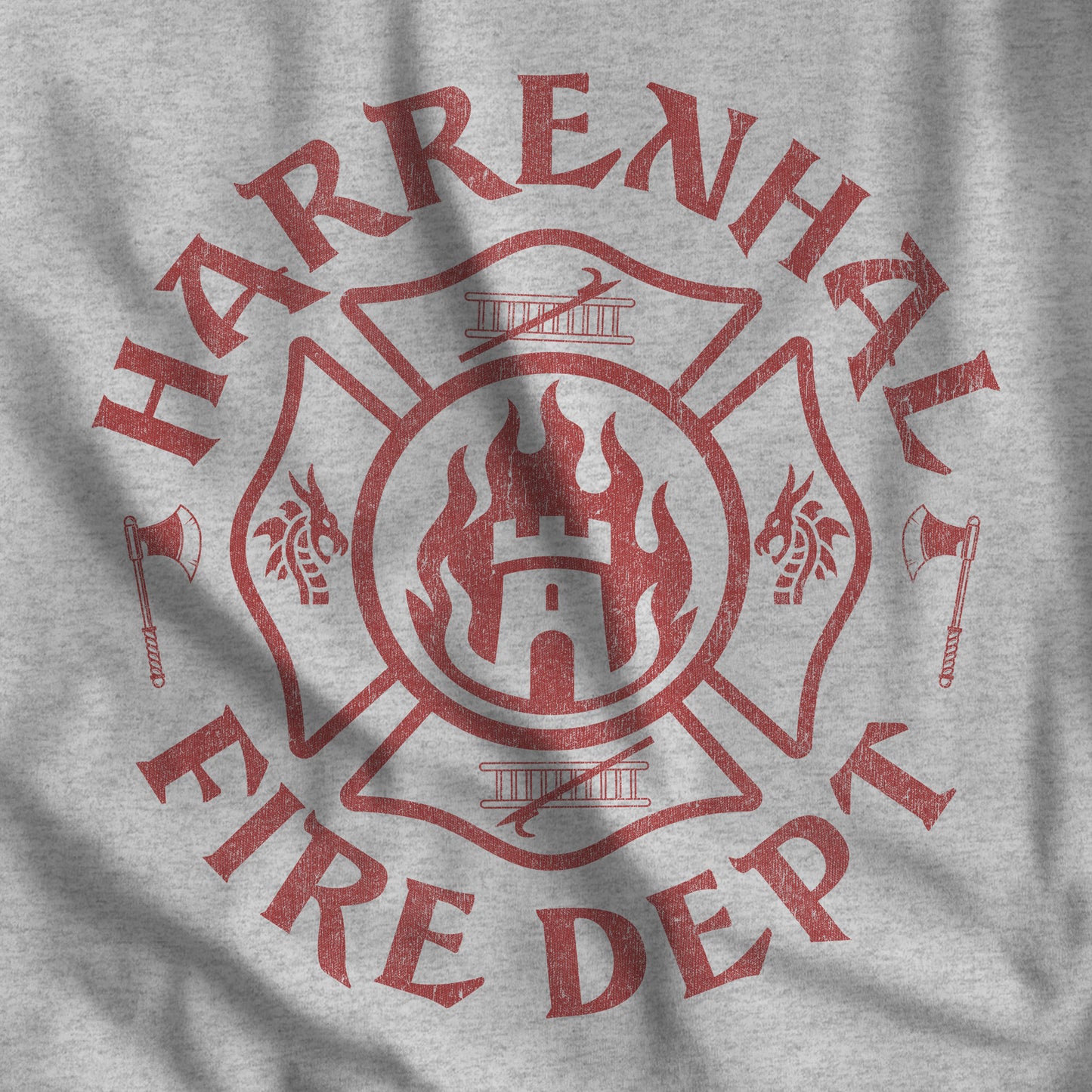 Closeup of Heather gray Harrenhal Fire Department vintage distressed graphic t-shirt, soft Bella+Canvas cotton Game of Thrones inspired tee