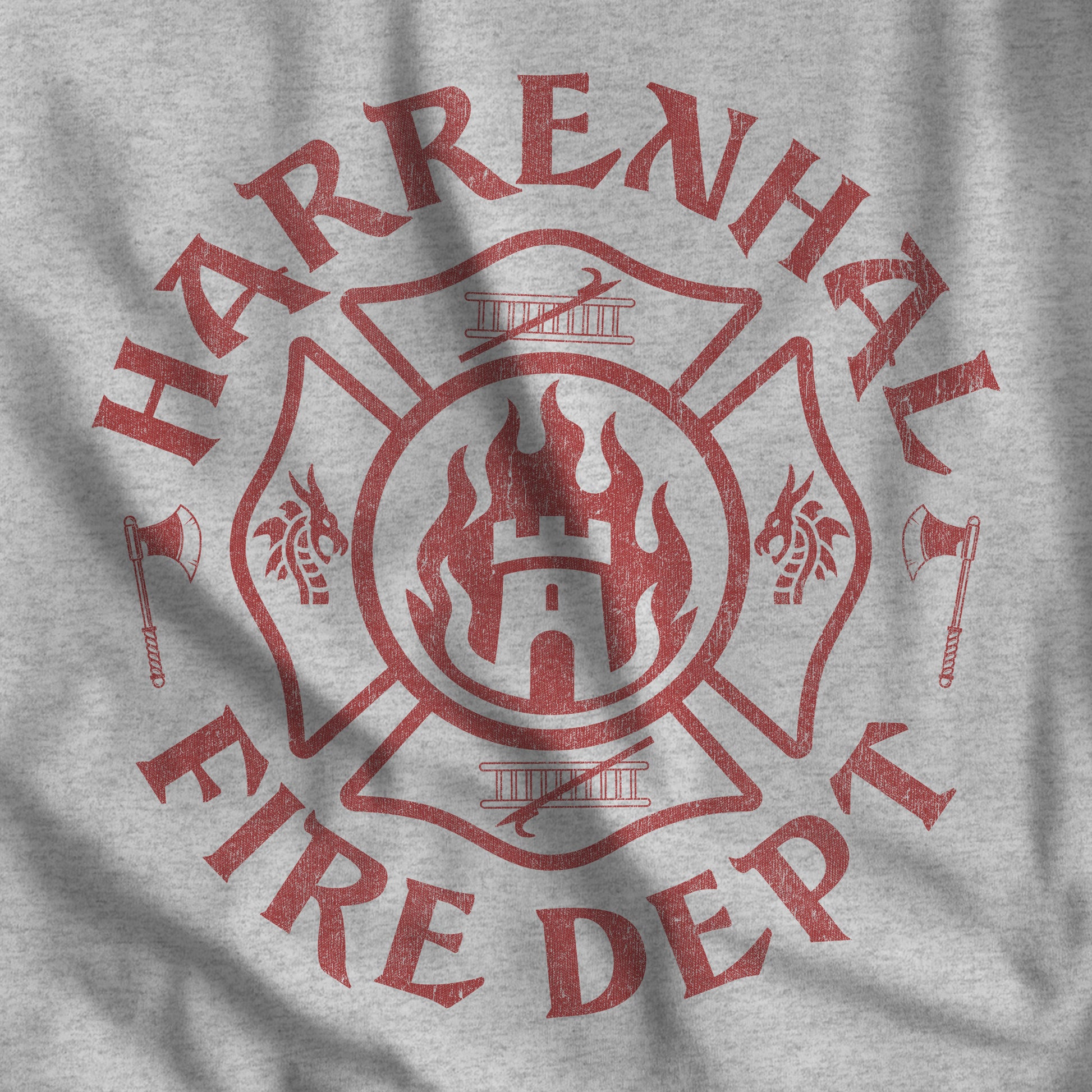 Closeup of Heather gray Harrenhal Fire Department vintage distressed graphic t-shirt, soft Bella+Canvas cotton Game of Thrones inspired tee