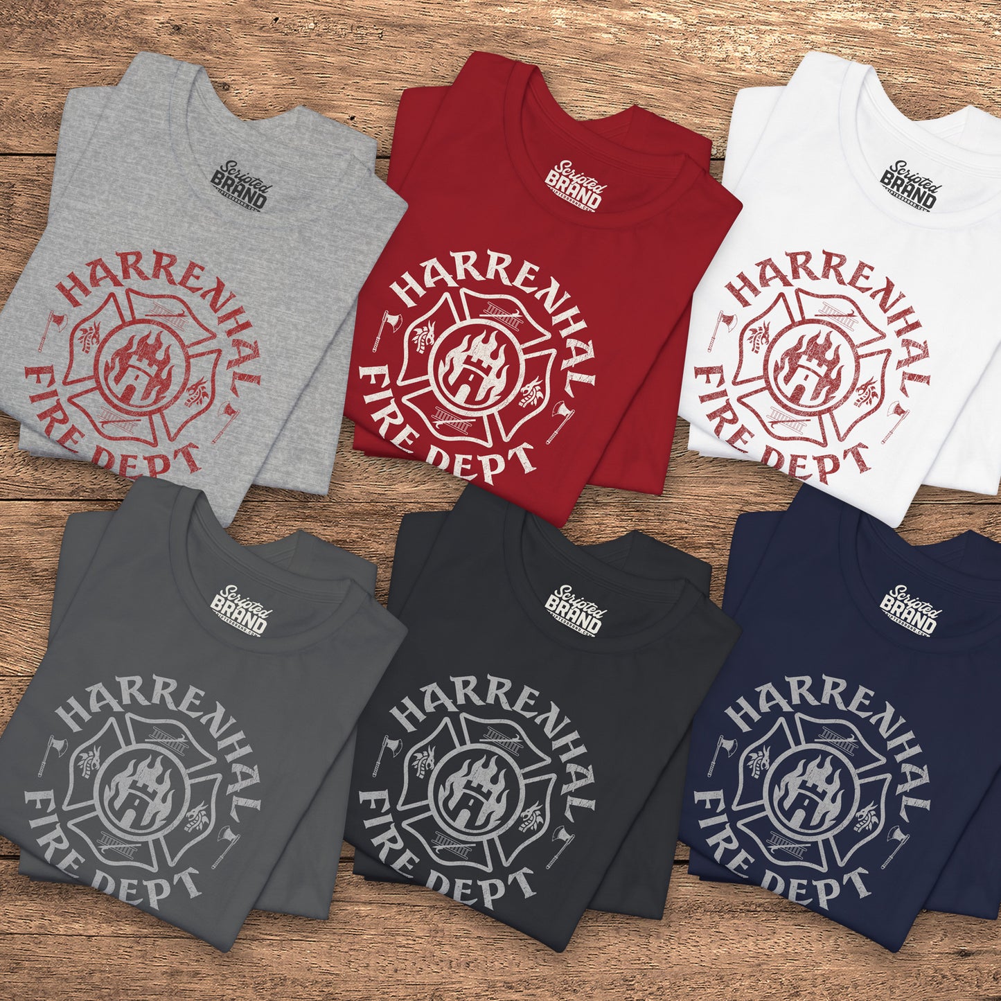 Six folded Harrenhal Fire Department vintage distressed graphic t-shirts, soft Bella+Canvas cotton Game of Thrones inspired tee