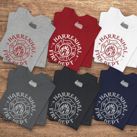 Six folded Harrenhal Fire Department vintage distressed graphic t-shirts, soft Bella+Canvas cotton Game of Thrones inspired tee