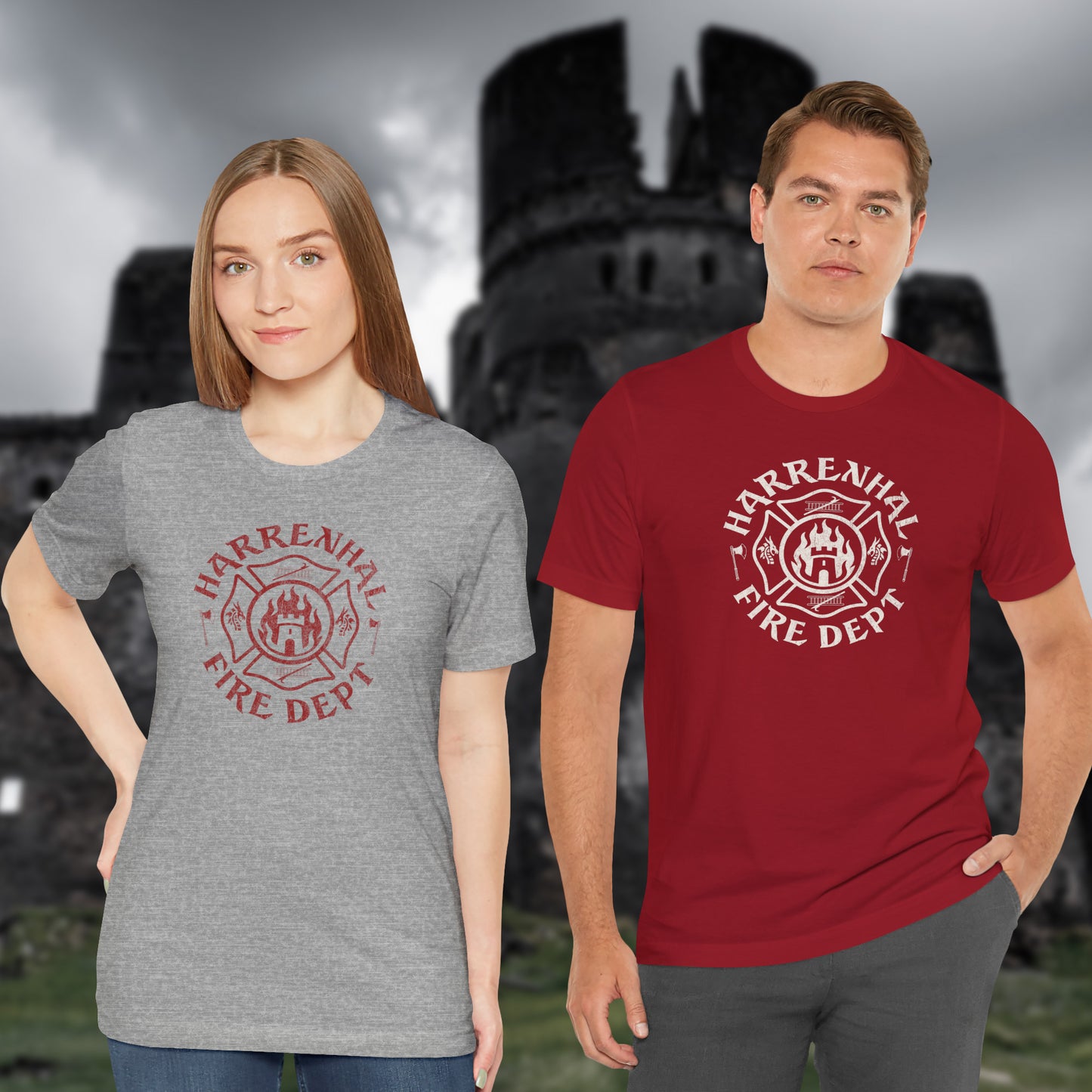Two people wearing Harrenhal Fire Department vintage distressed graphic t-shirts, soft Bella+Canvas cotton Game of Thrones inspired tee