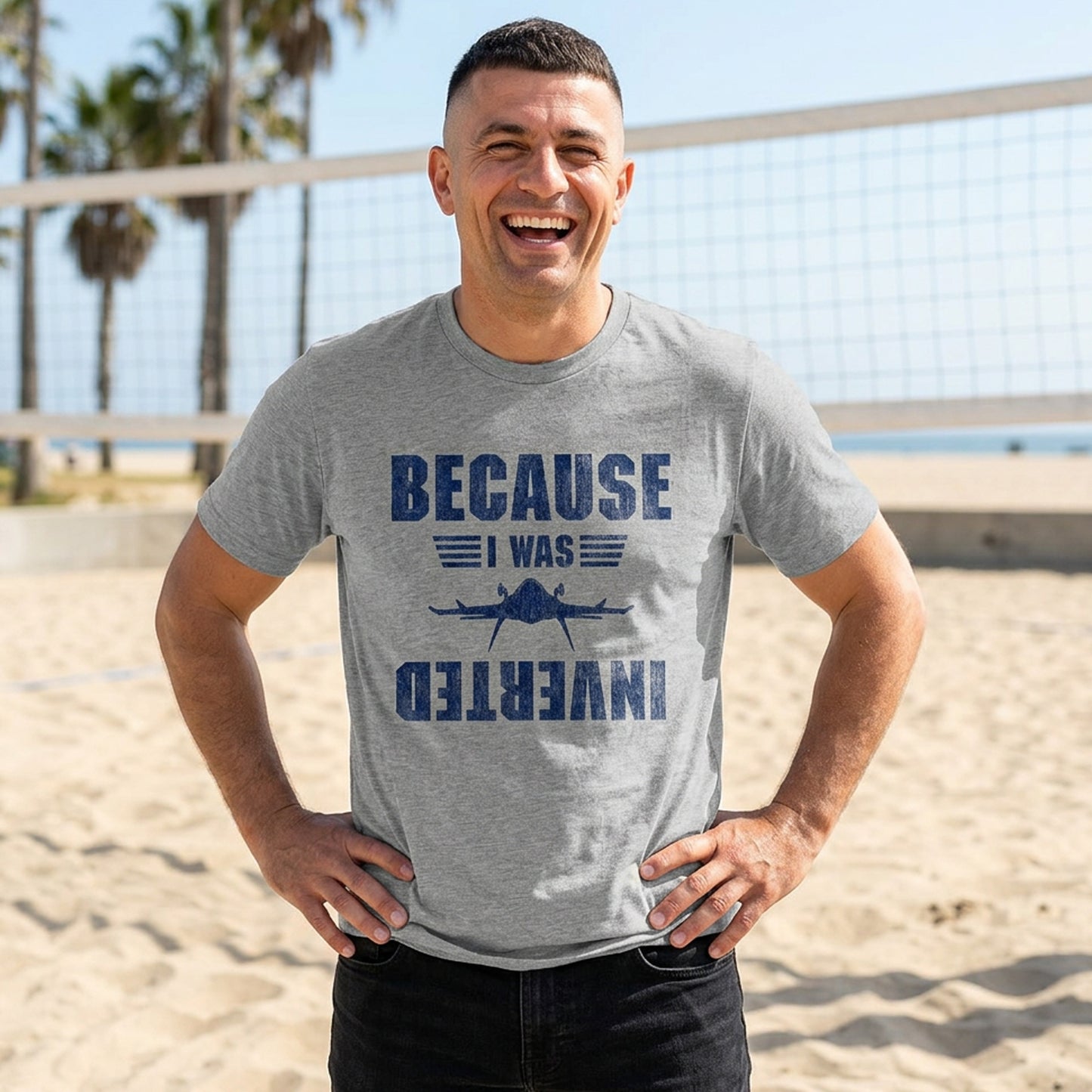 Man on a beach wearing Heather gray 'Because I Was Inverted' vintage distressed graphic t-shirt inspired by Top Gun, soft aviation movie tee