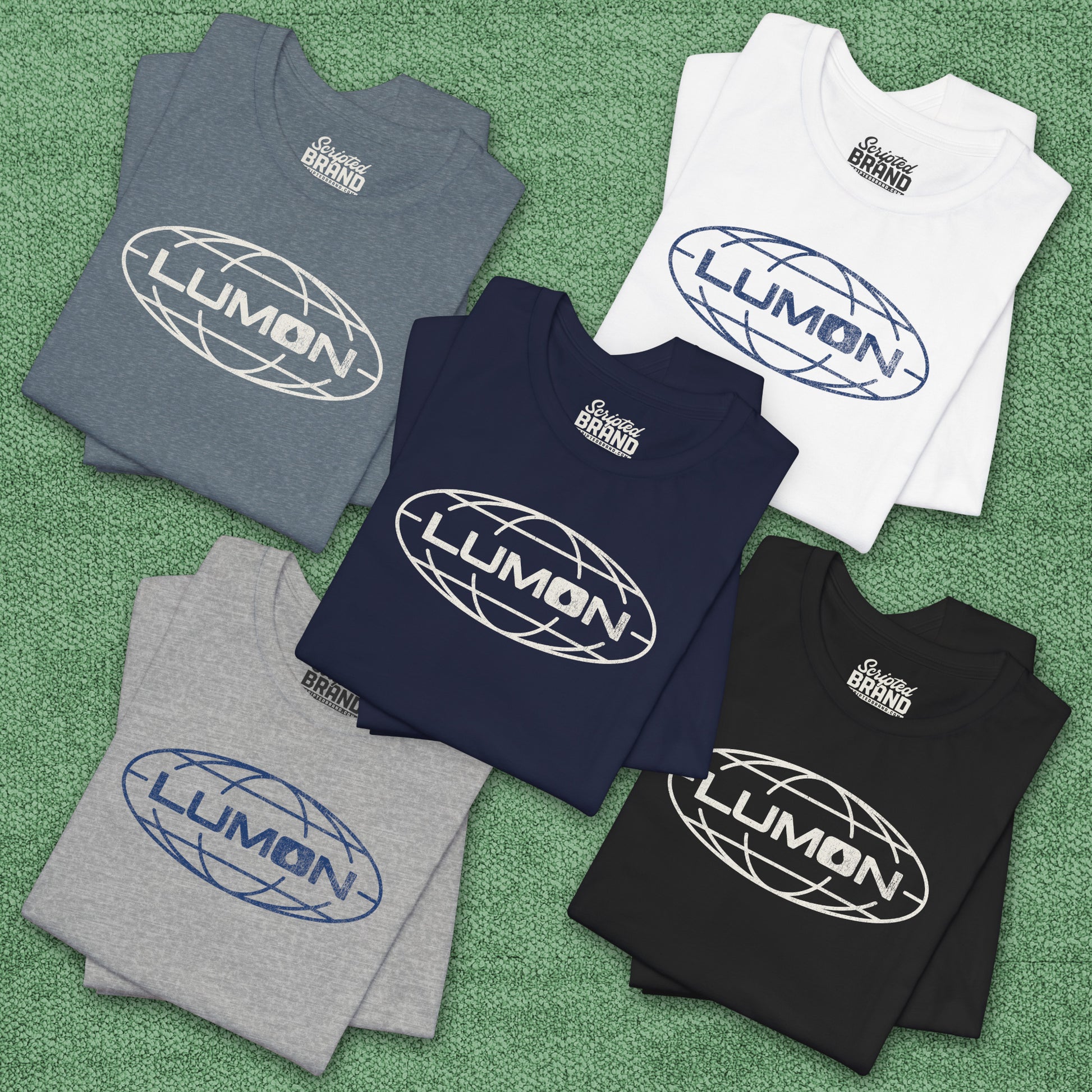 Five folded Bella+Canvas tees with a vintage distressed Lumon Industries globe logo from the Apple TV show Severance