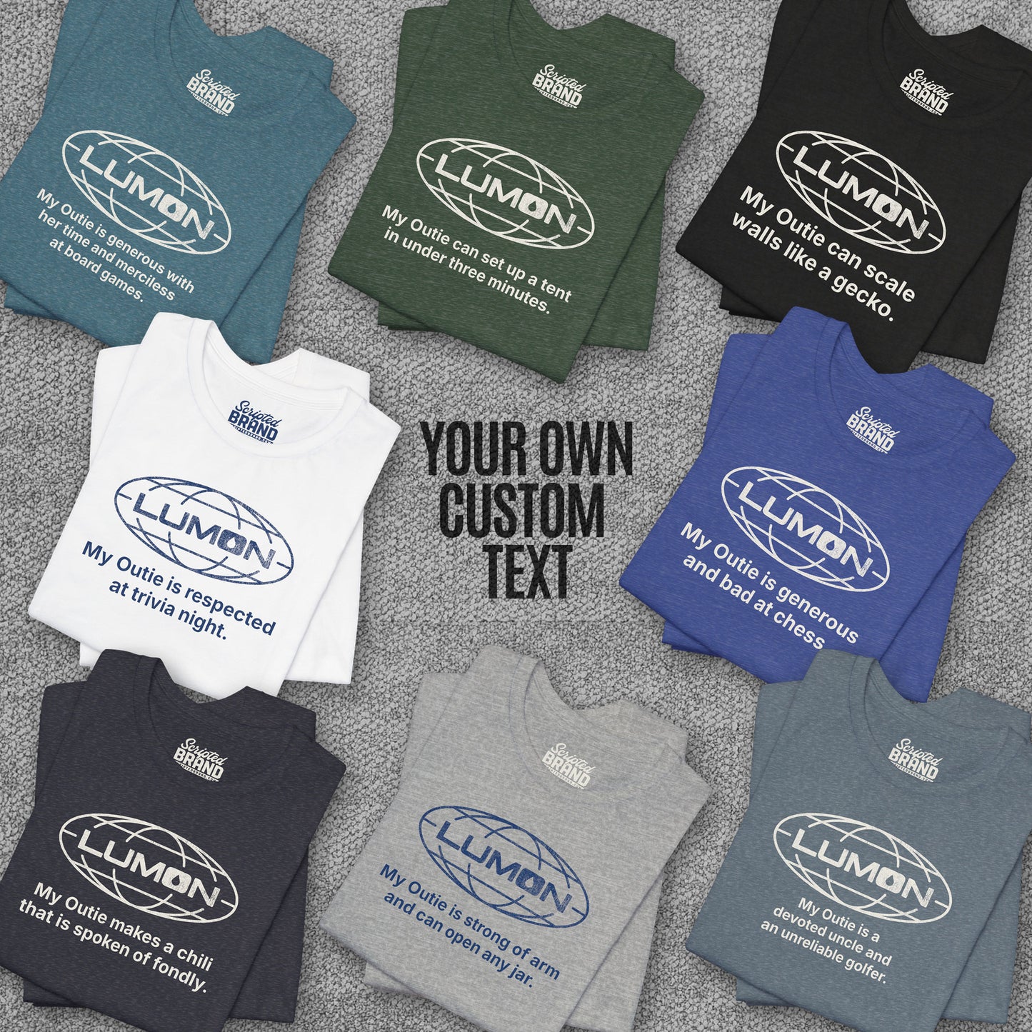 Eight folded Lumon Industries t-shirts with personalized custom text below logo, Severance fan tee