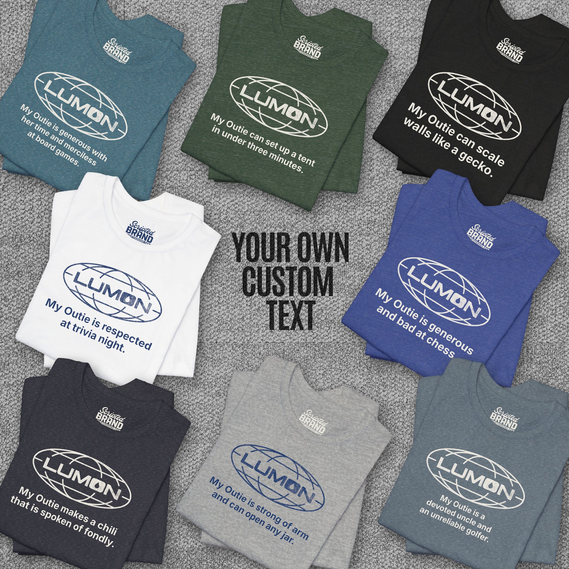 Eight folded Lumon Industries t-shirts with personalized custom text below logo, Severance fan tee