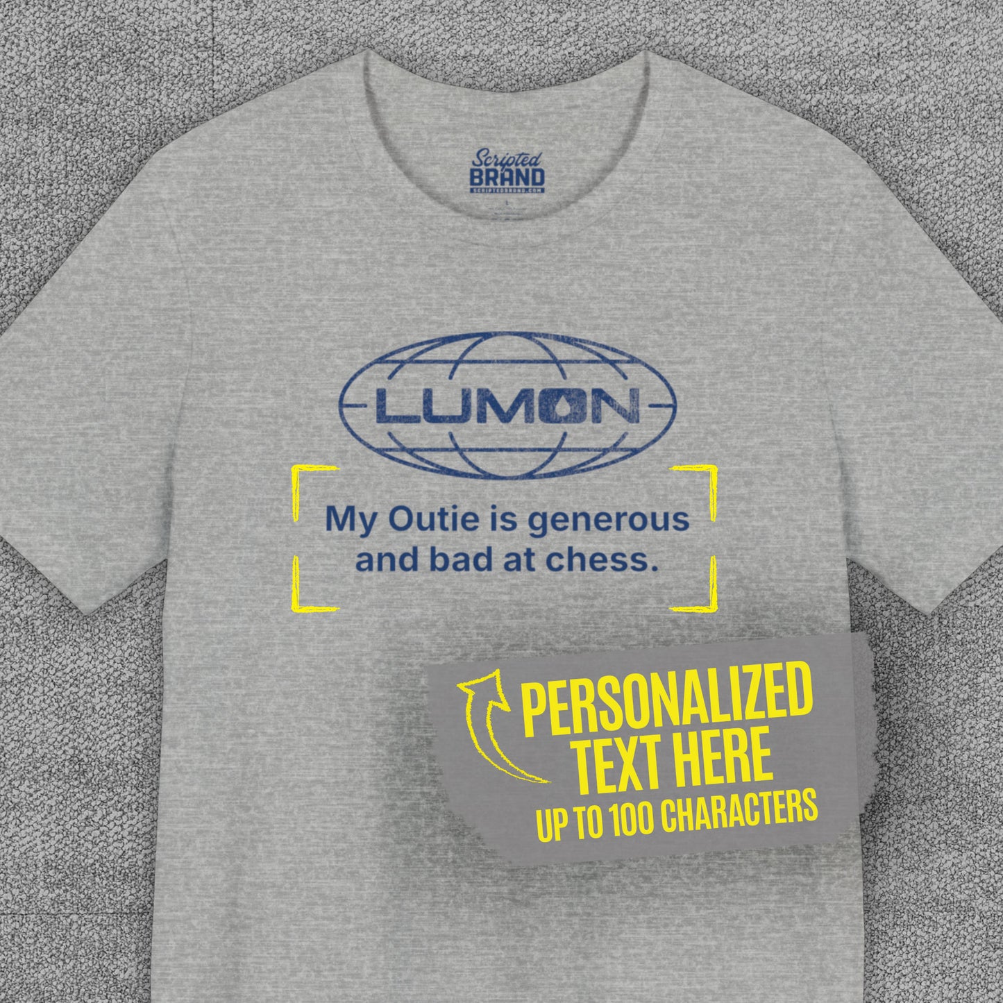Heather gray Lumon Industries t-shirt with personalized custom text below logo, Severance fan tee