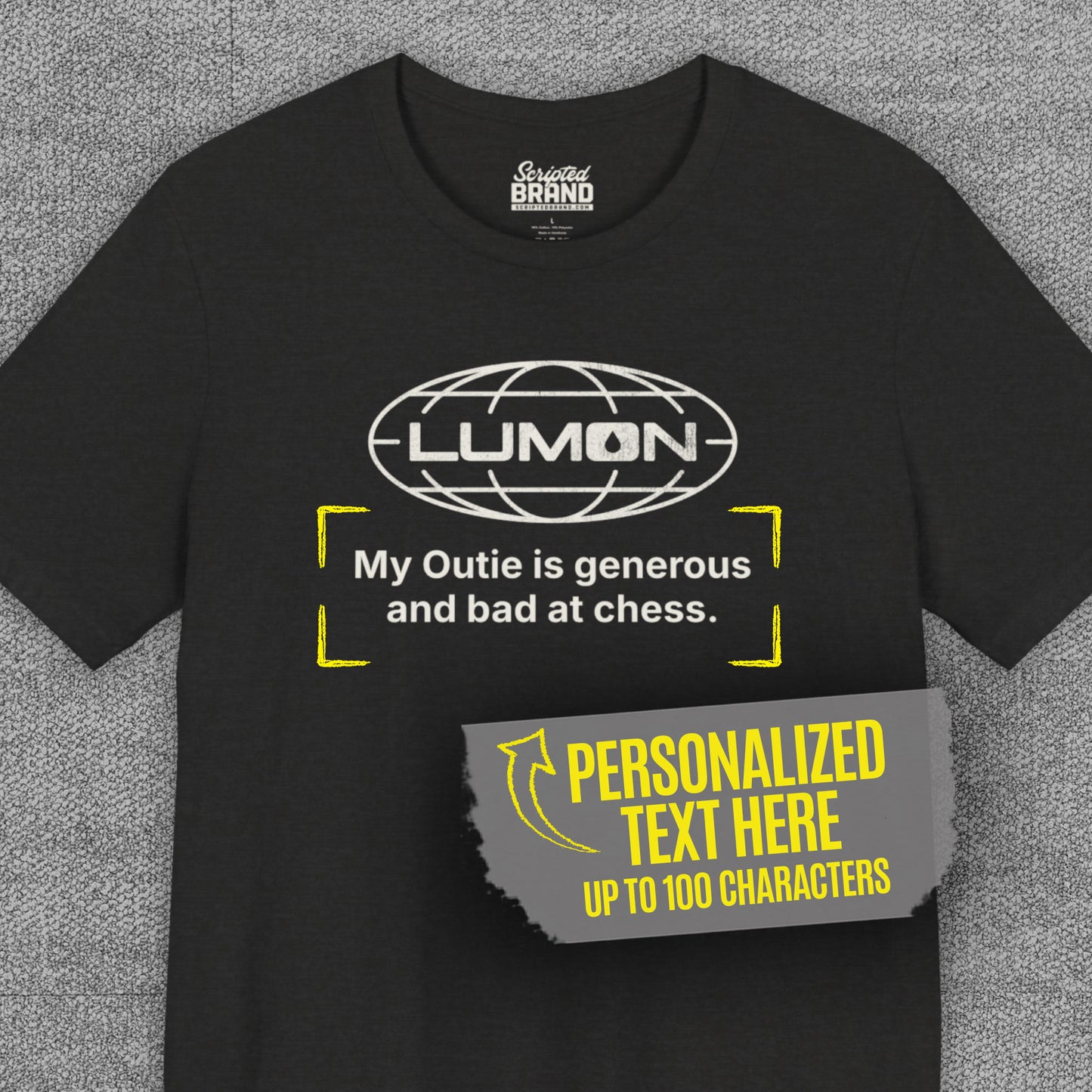 Heather black Lumon Industries t-shirt with personalized custom text below logo, Severance fan tee