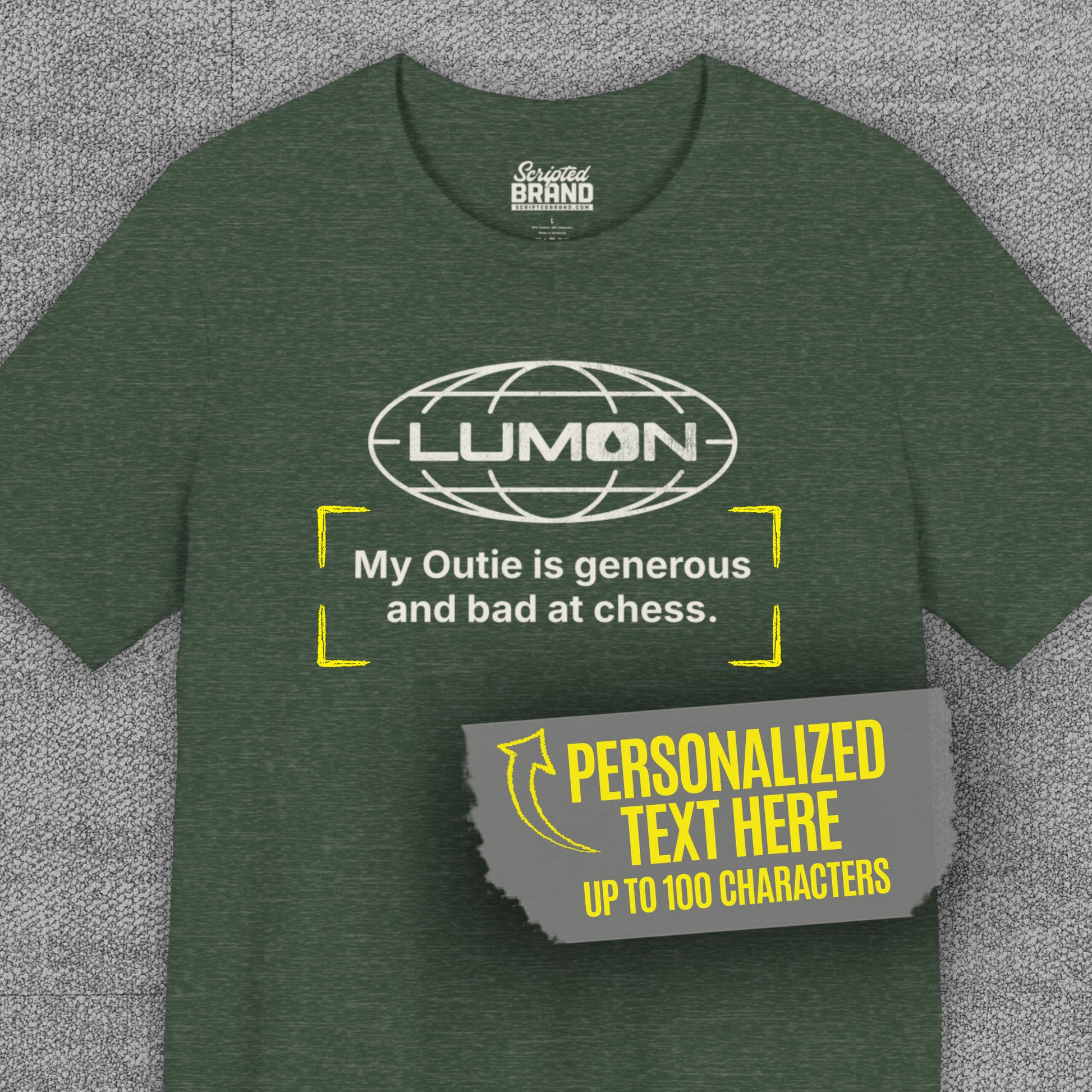 Heather forest green Lumon Industries t-shirt with personalized custom text below logo, Severance fan tee
