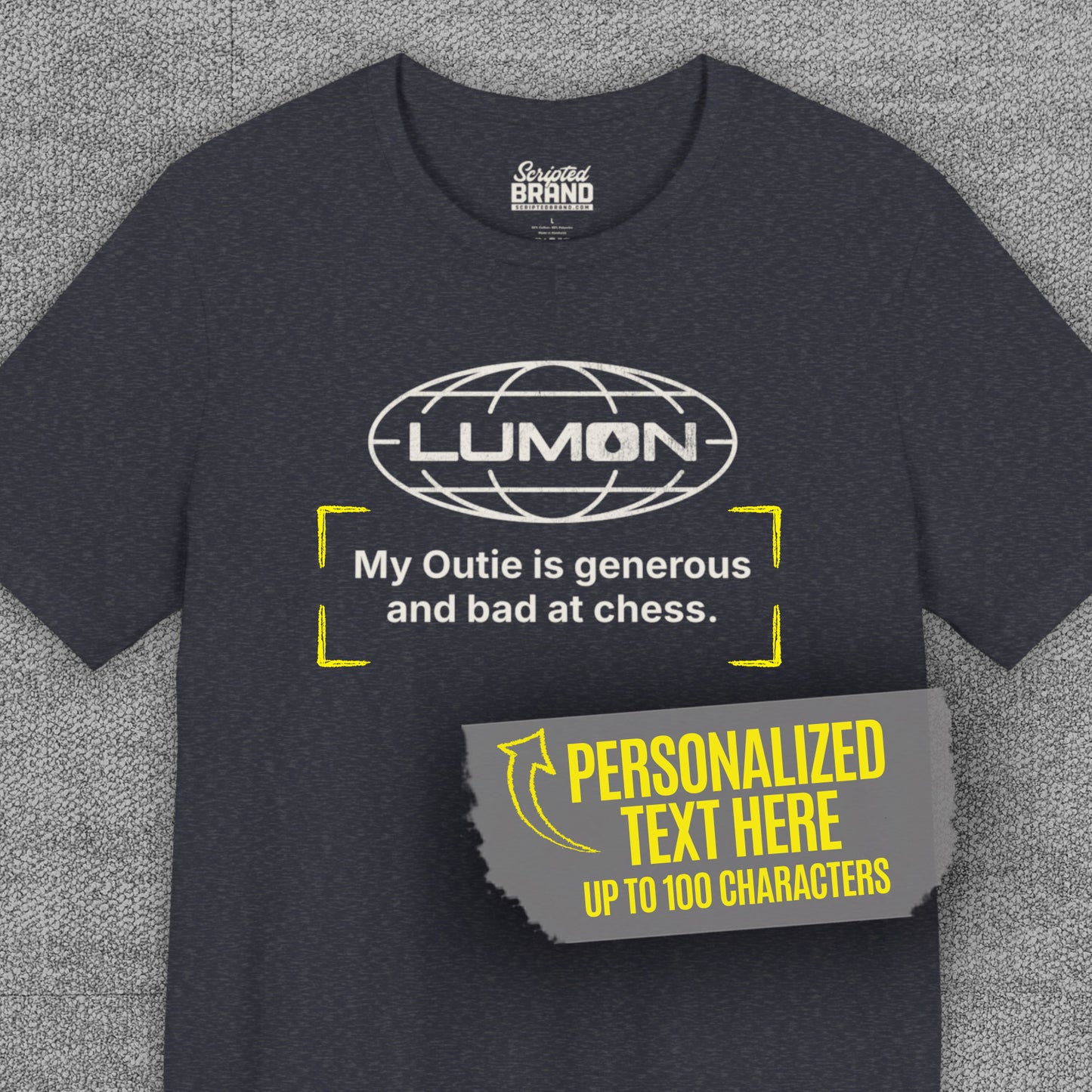 Heather navy blue Lumon Industries t-shirt with personalized custom text below logo, Severance fan tee