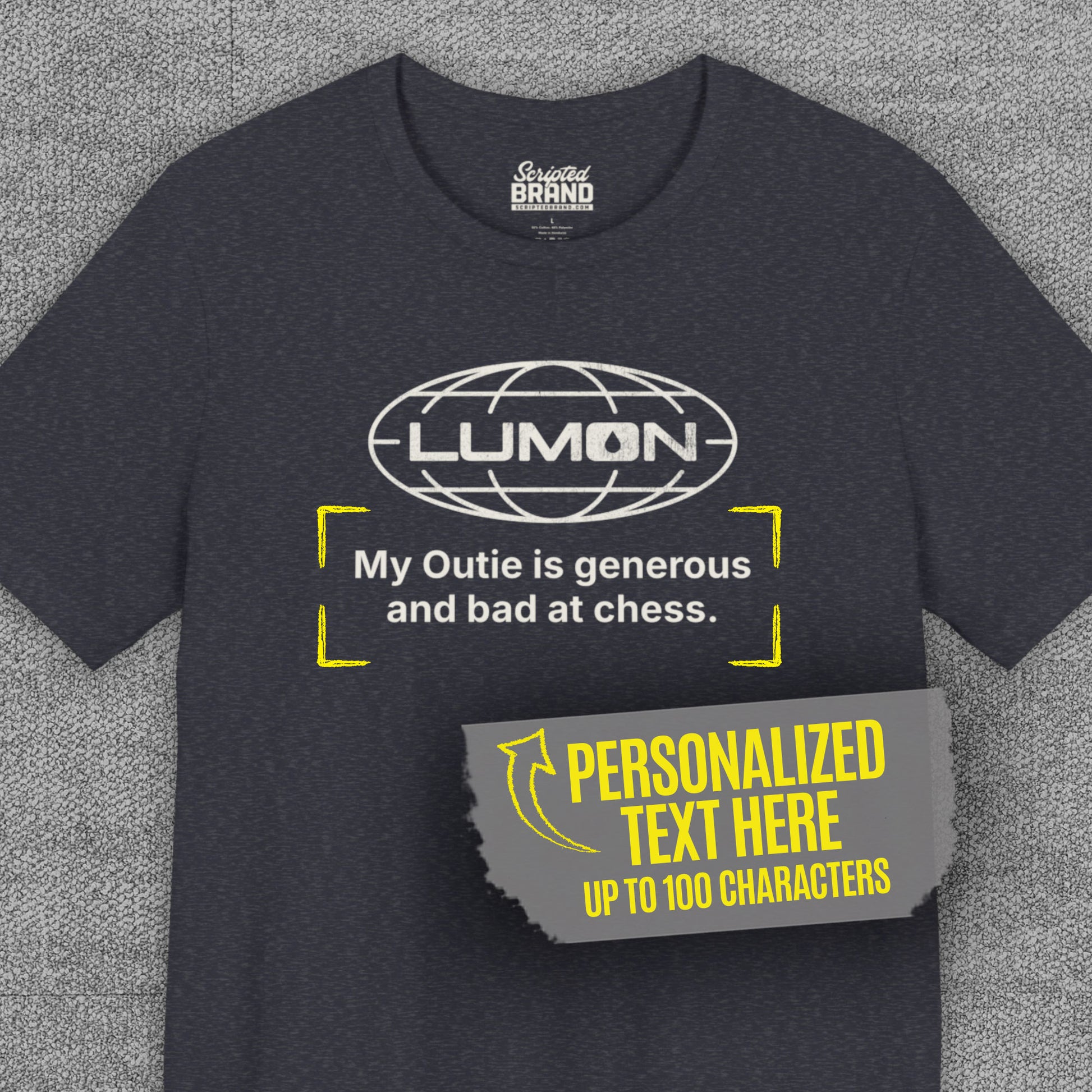Heather navy blue Lumon Industries t-shirt with personalized custom text below logo, Severance fan tee