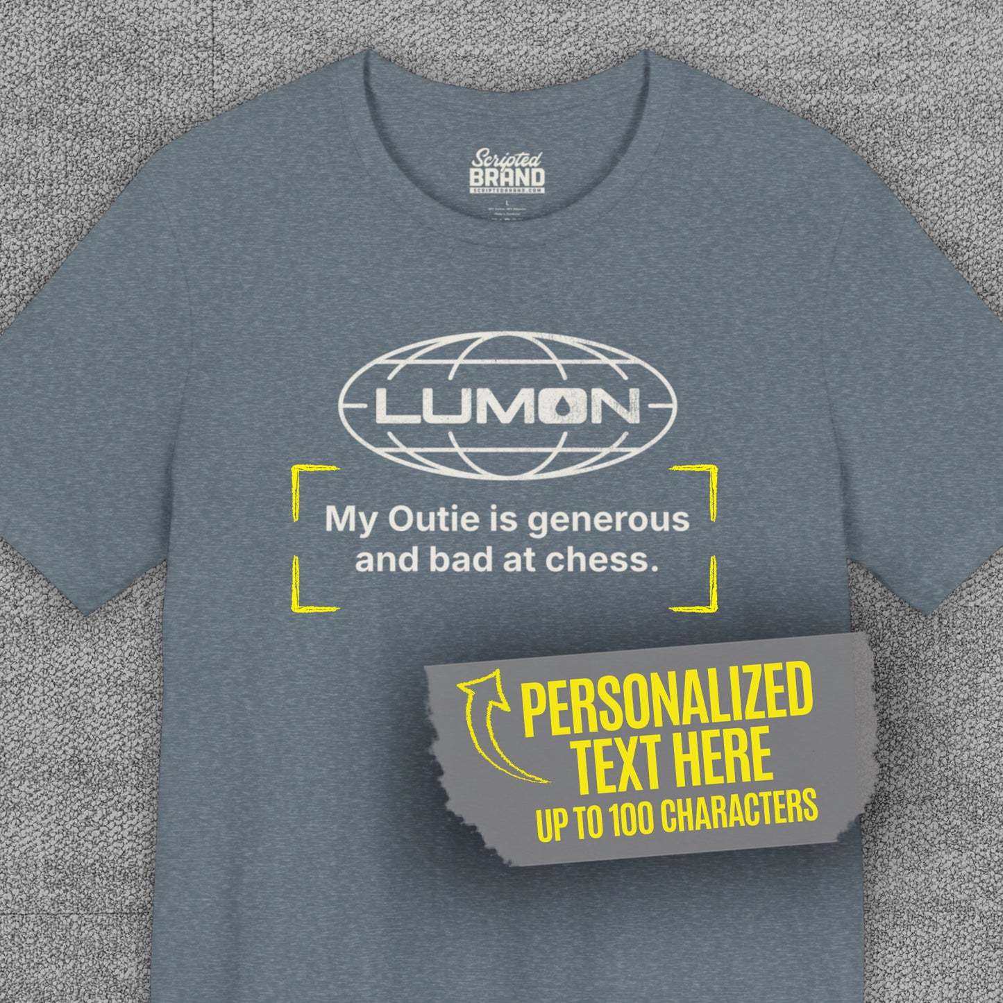 Heather slate blue Lumon Industries t-shirt with personalized custom text below logo, Severance fan tee