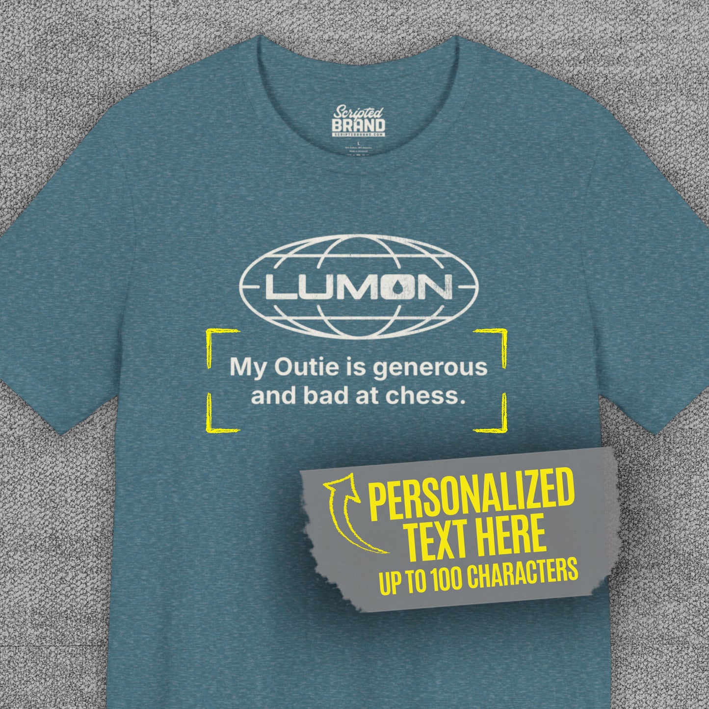 Heather teal Lumon Industries t-shirt with personalized custom text below logo, Severance fan tee