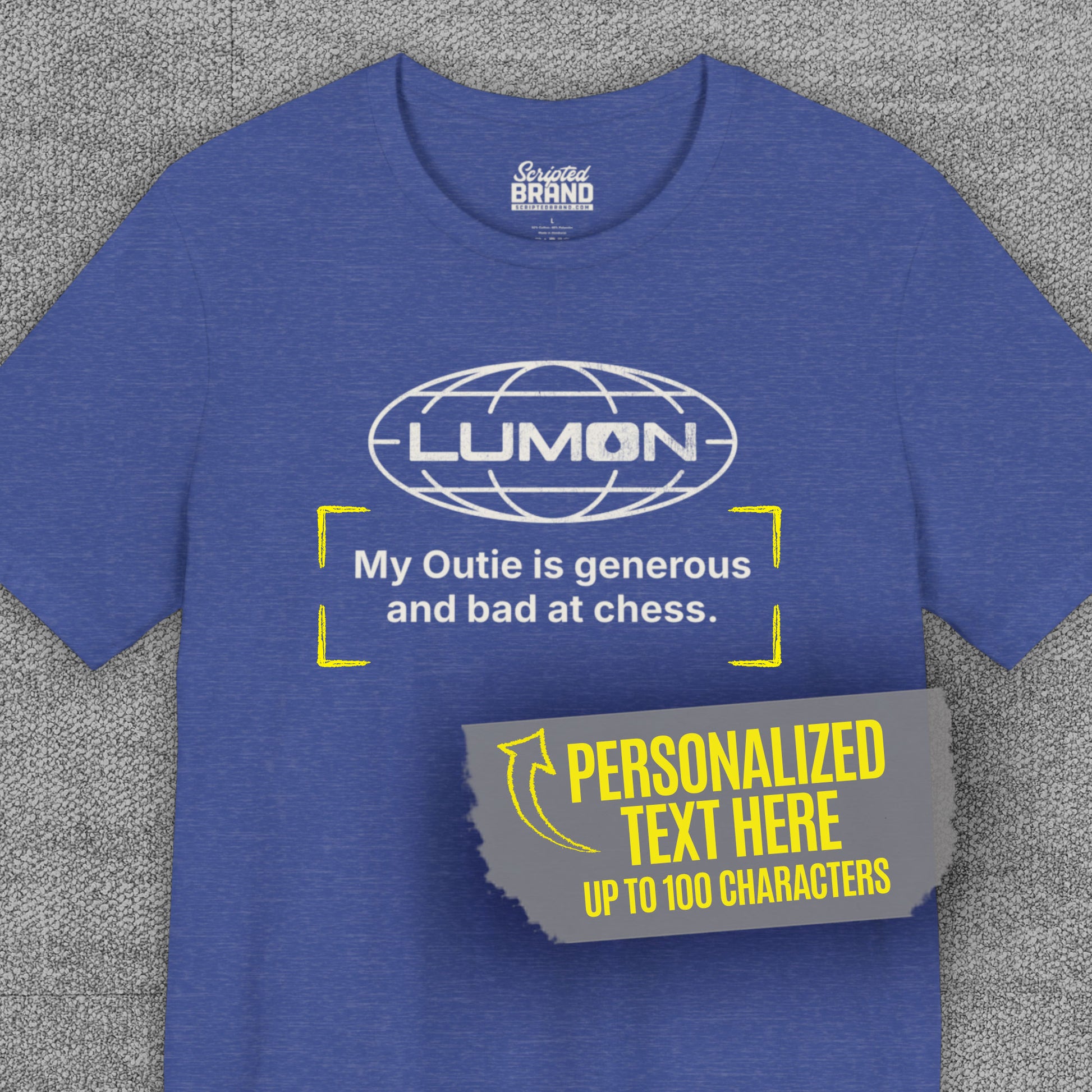 Heather royal blue Lumon Industries t-shirt with personalized custom text below logo, Severance fan tee