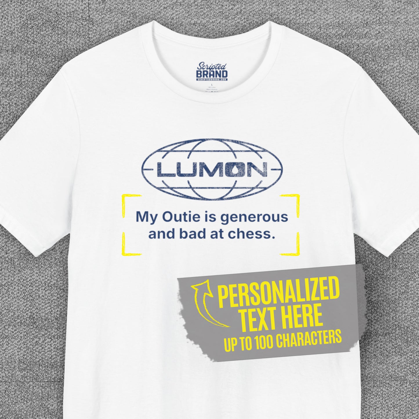 White Lumon Industries t-shirt with personalized custom text below logo, Severance fan tee