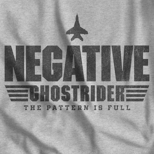 Closeup of Heather gray Negative Ghostrider The Pattern Is Full vintage distressed graphic t-shirt, soft Bella+Canvas cotton aviation movie tee