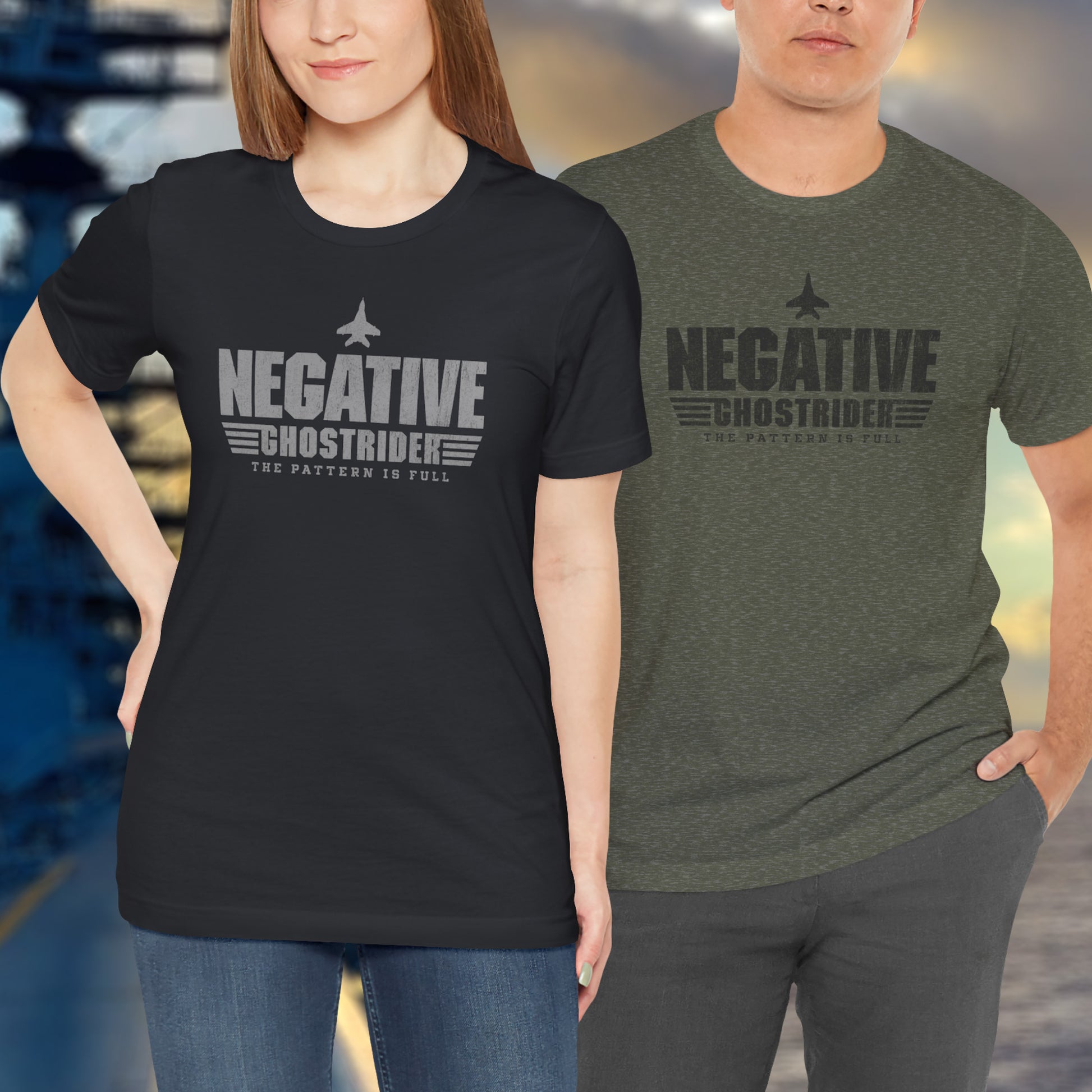 Two people wearing Negative Ghostrider The Pattern Is Full vintage distressed graphic t-shirts, soft Bella+Canvas cotton aviation movie tee