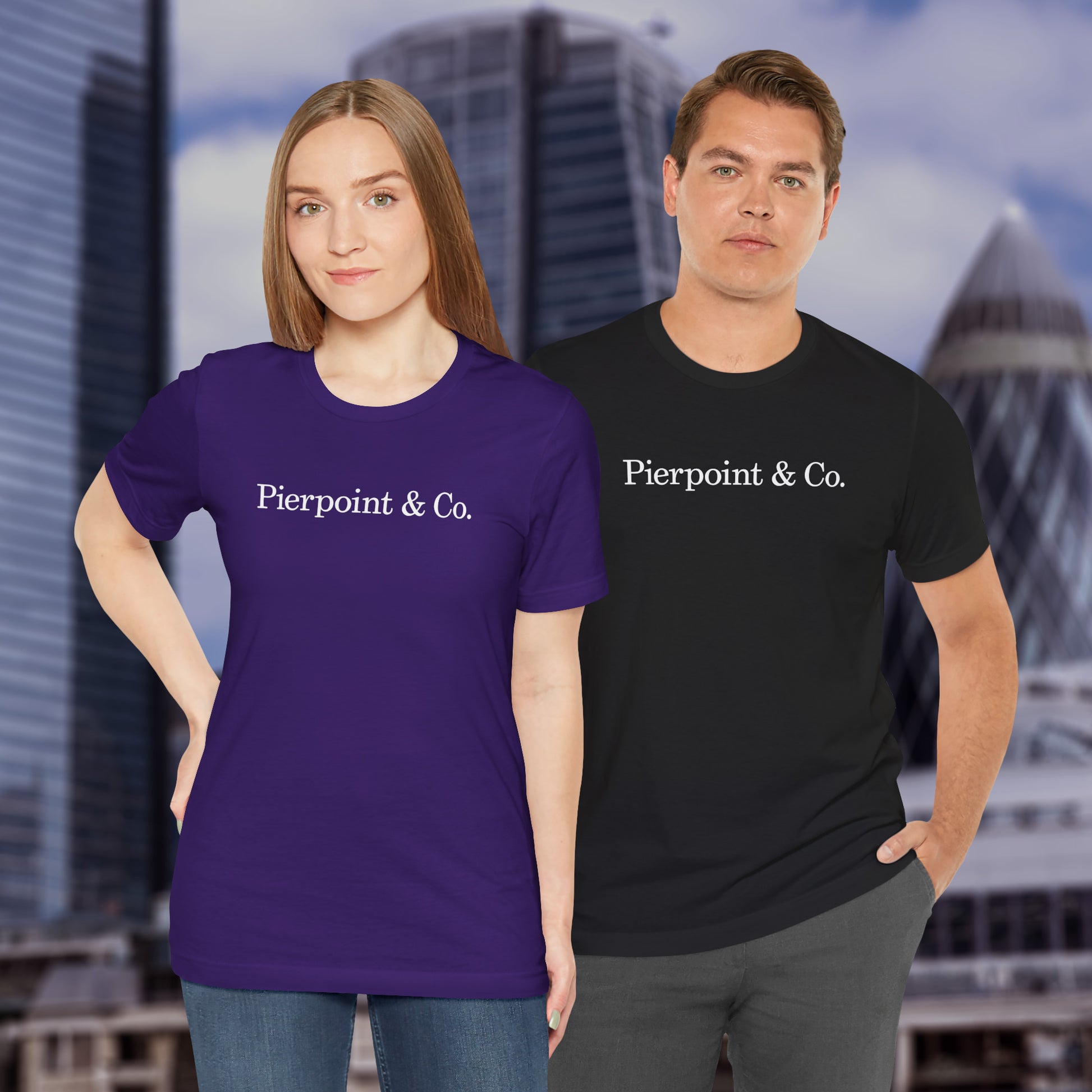 Two people wearing Pierpoint & Co. logo t-shirts inspired by HBO Industry TV series, soft Bella+Canvas cotton investment bank fan tee