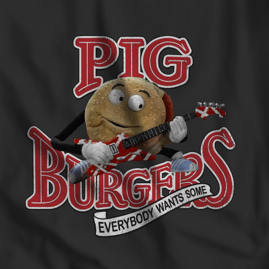 Closeup of Black soft Bella Canvas Tee featuring vintage Pig Burgers logo with Van Halen guitar from the movie Better Off Dead.
