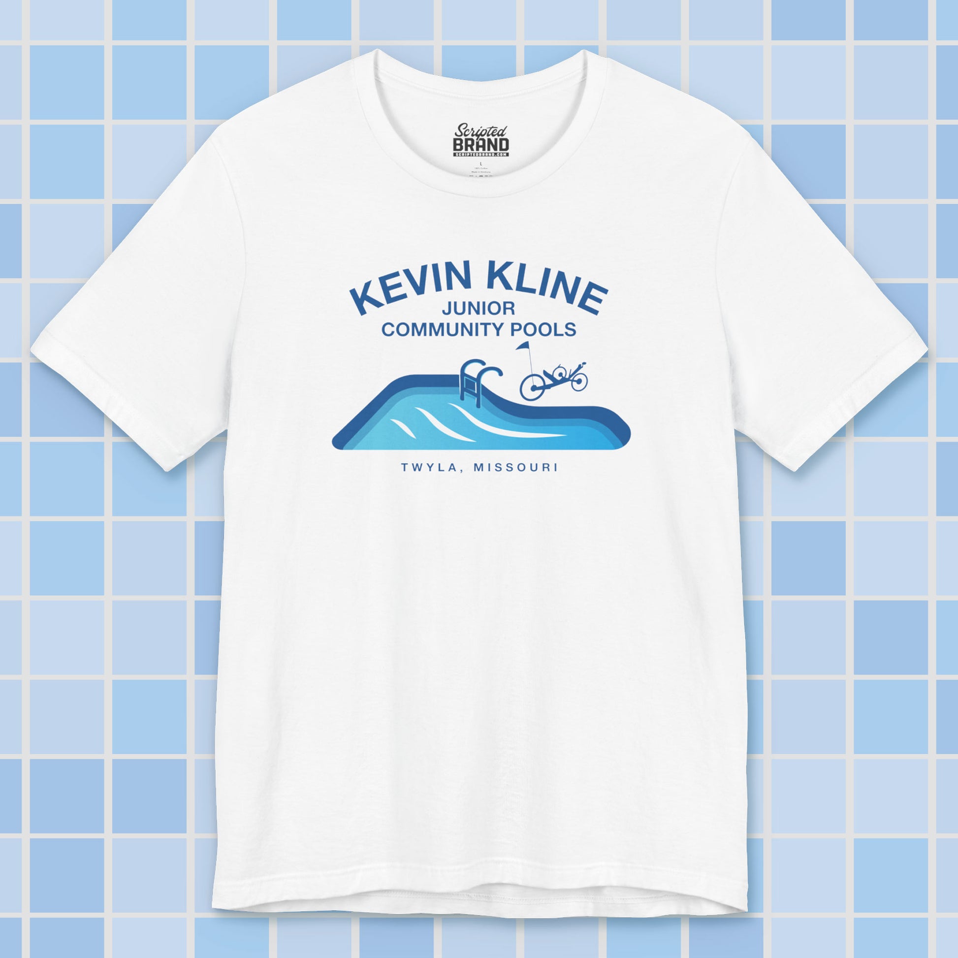 White DTF St. Louis Kevin Kline Junior Community Pools graphic tee with pool and recumbent trike, Bella+Canvas 3001.