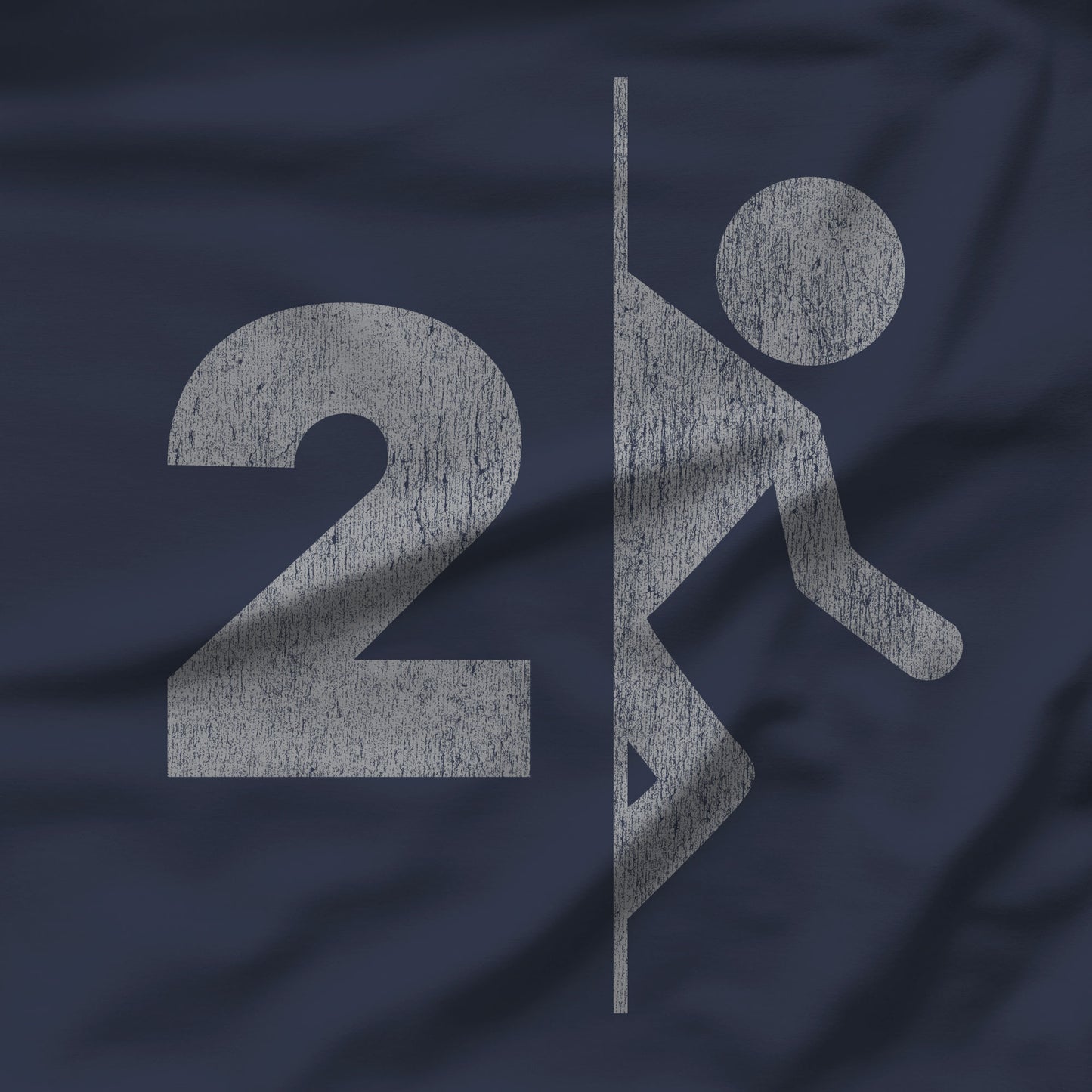 Closeup of Navy tee with vintage distressed Portal 2 partial logo figure diving through a portal, aperture labs