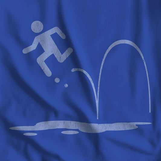 Closeup of Royal blue tee with vintage distressed Portal 2 Repulsion Gel icon of a figure bouncing off gel