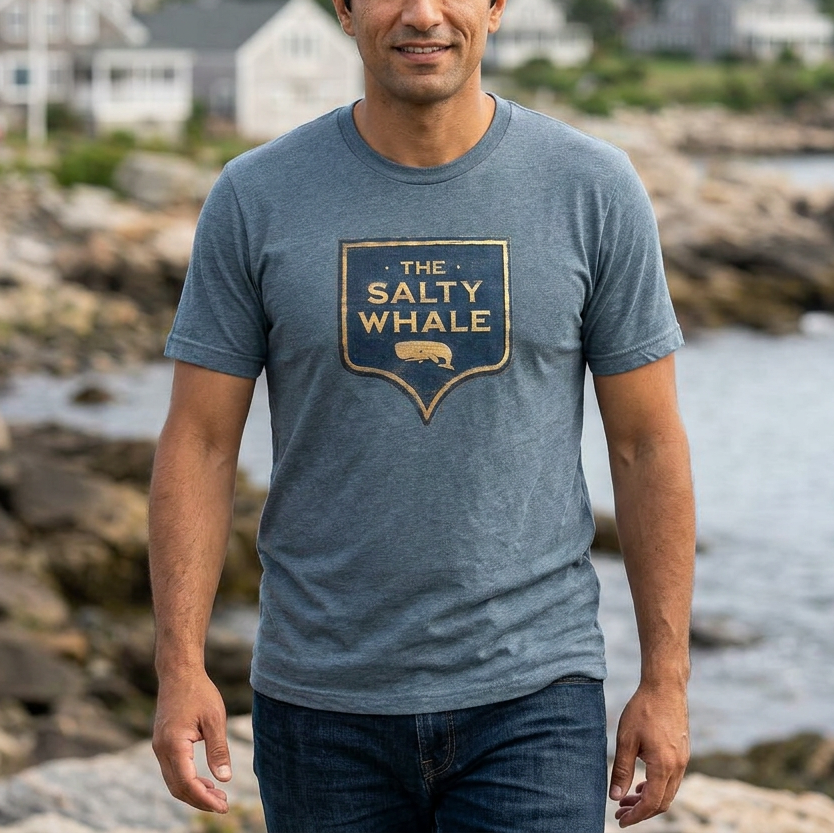 Person wearing heather slate blue 'The Salty Whale' weathered carved-wood pub sign t-shirts inspired by Widow's Bay Apple TV show